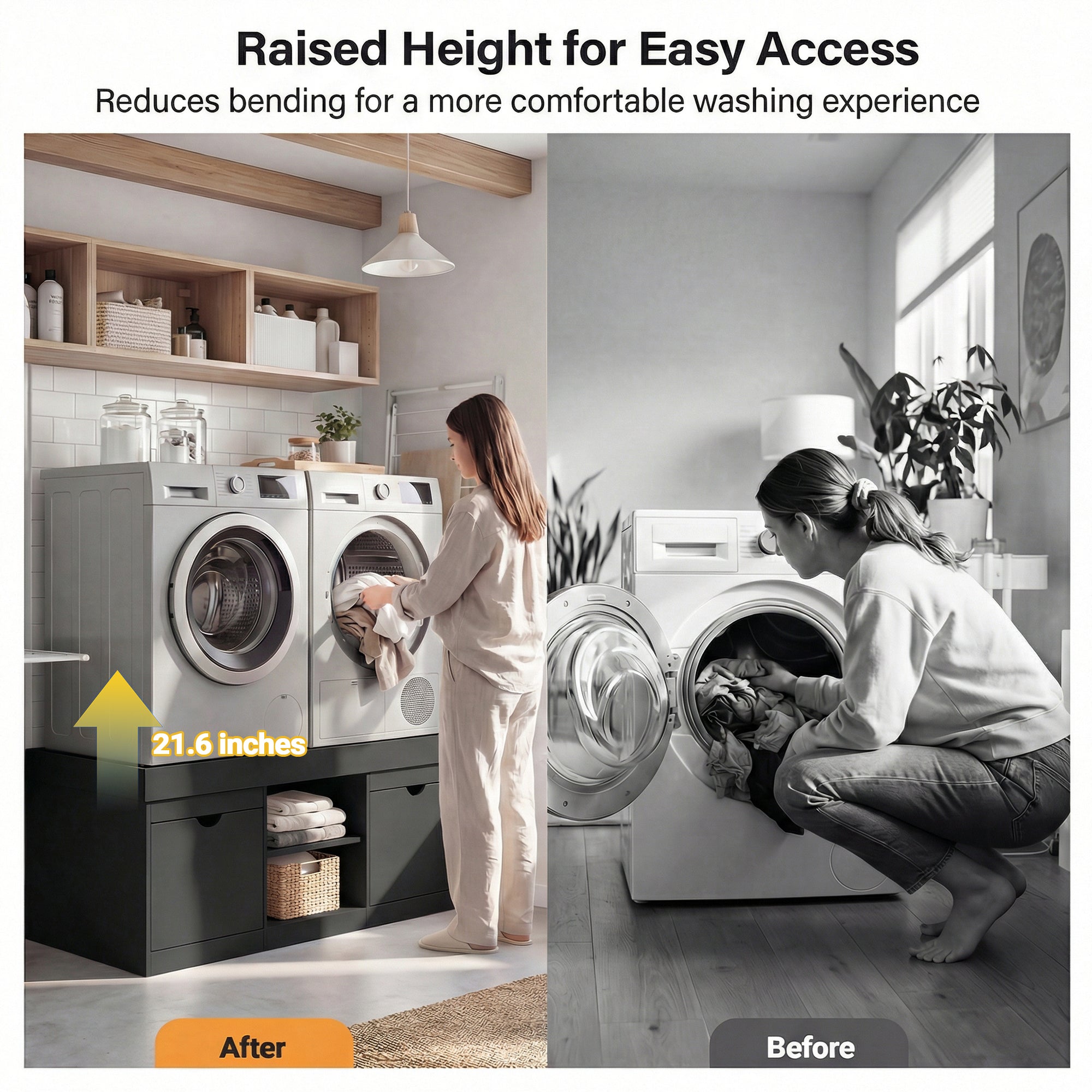 Before and after comparison of a laundry room with raised height washing machines.