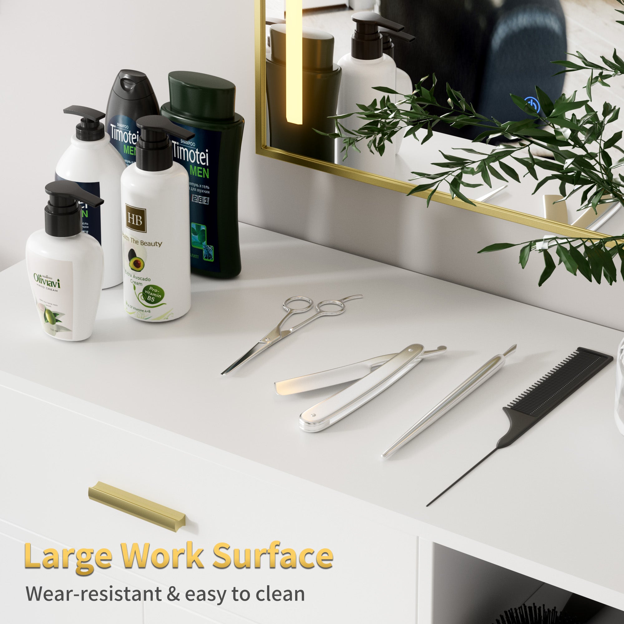 Cosmetic work surface with skincare products and tools on a white desk.