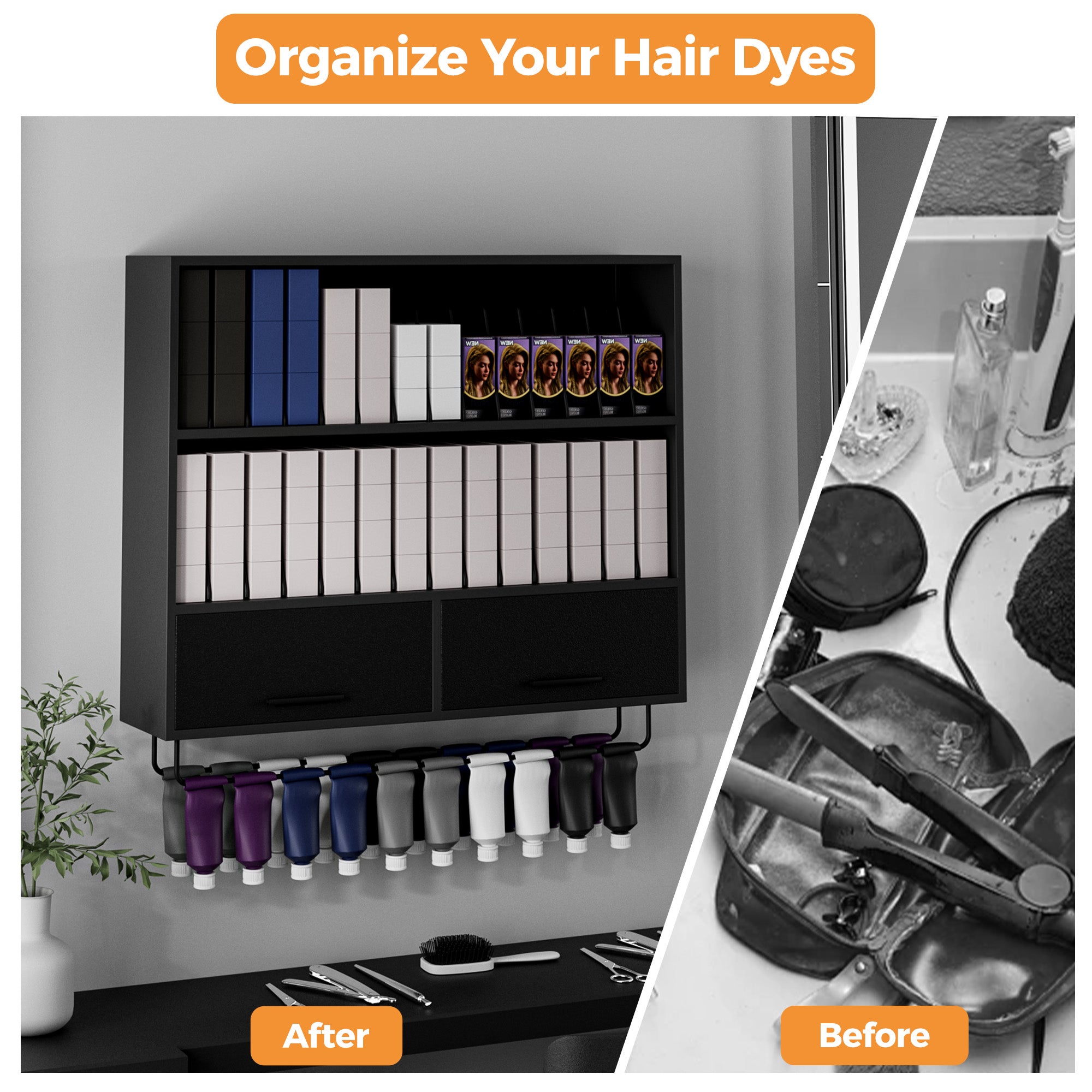 Hair dye organizer before and after comparison with neatly arranged hair dyes on a shelf.