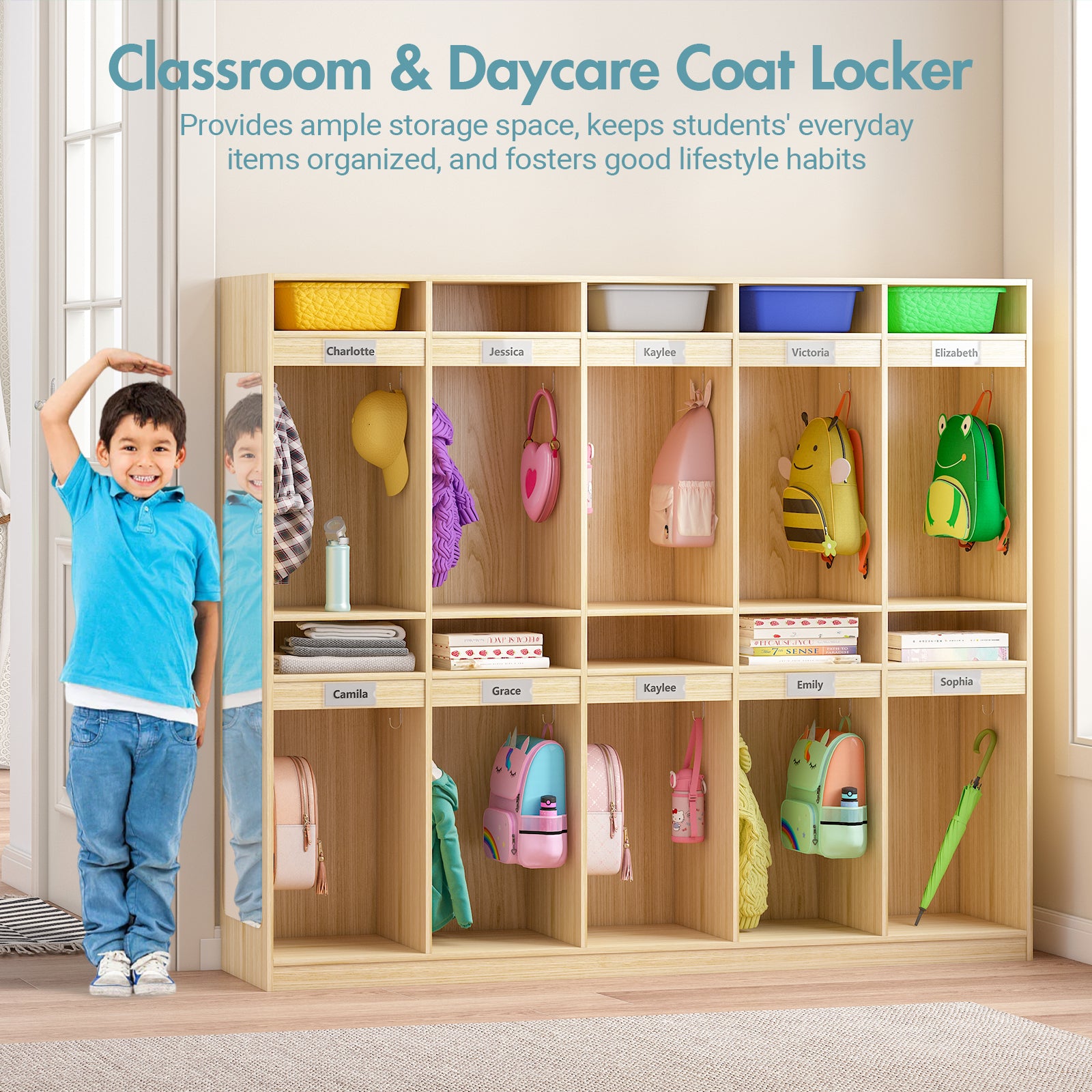 Wooden locker with labeled compartments filled with children's items in a classroom setting.