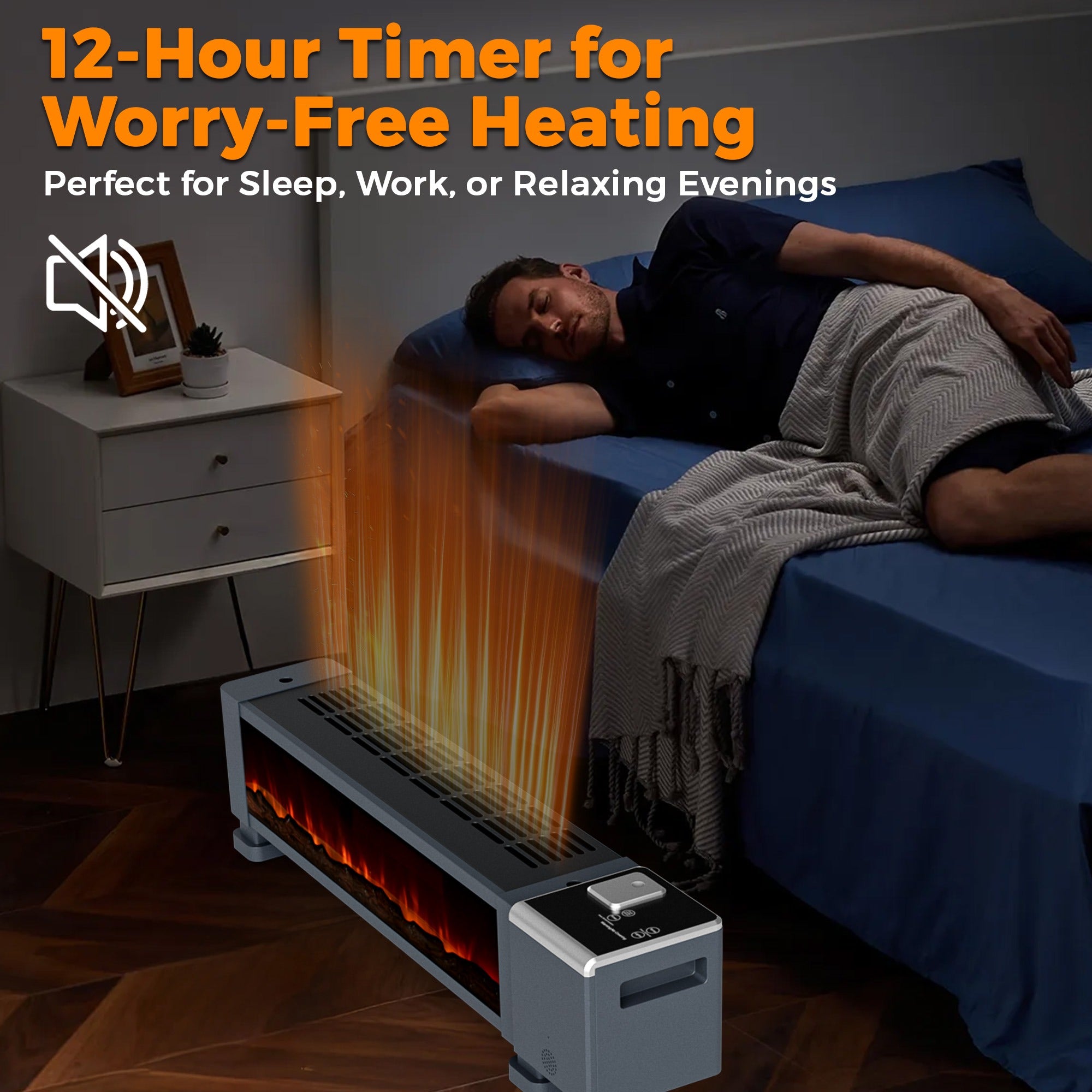 Person lying in bed with a 12-hour timer for worry-free heating, perfect for sleep or work.