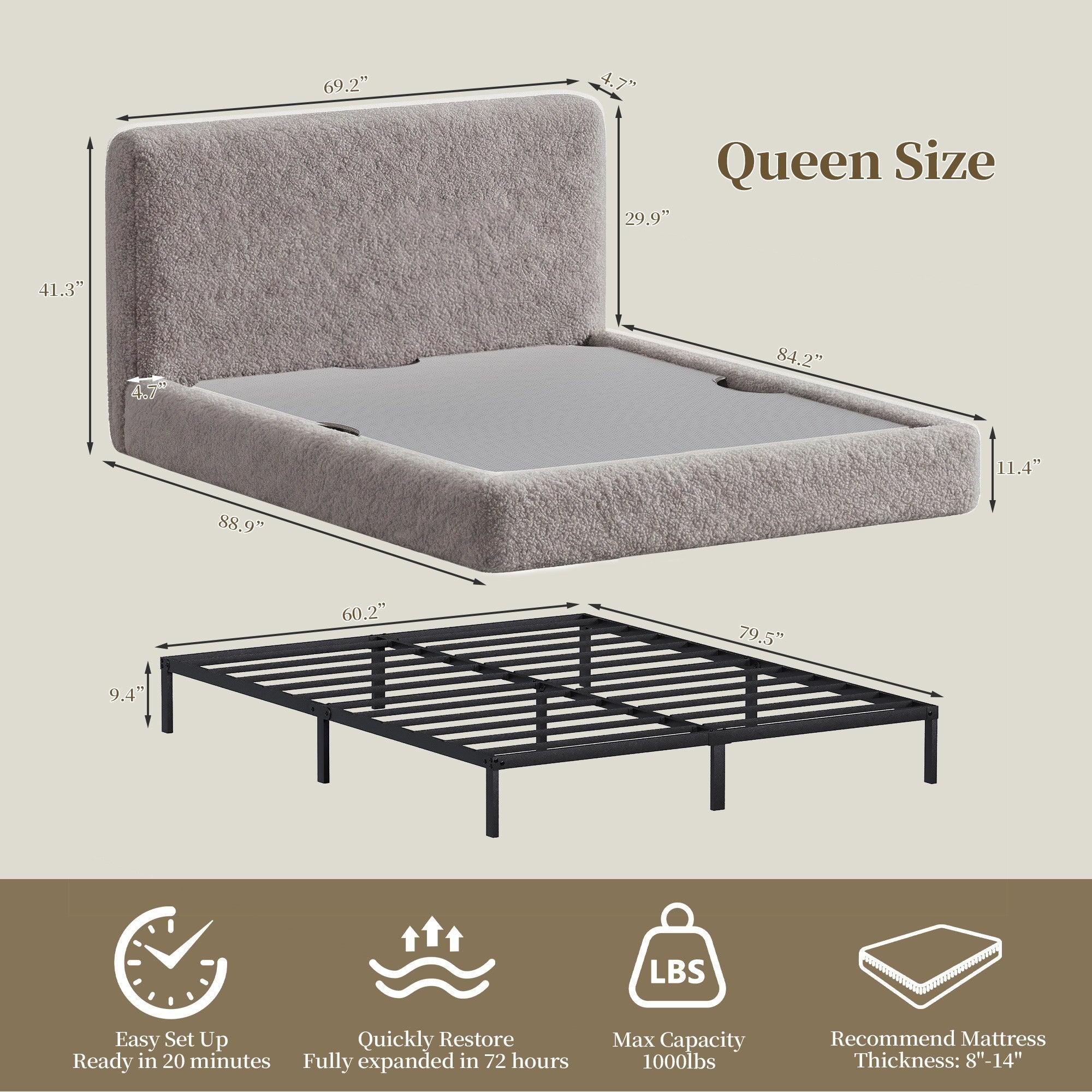 Advwin Cloud Bed Frame with Headboard