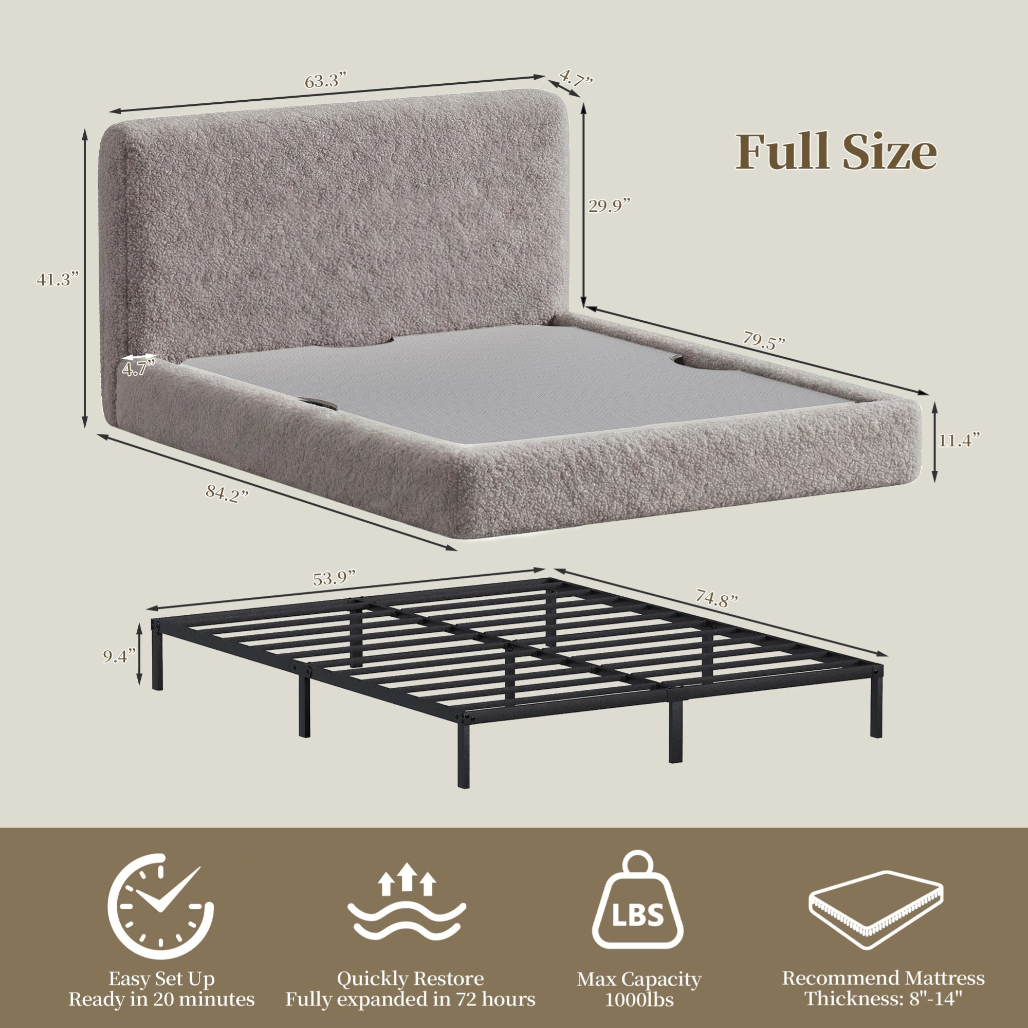 Advwin Cloud Bed Frame with Headboard