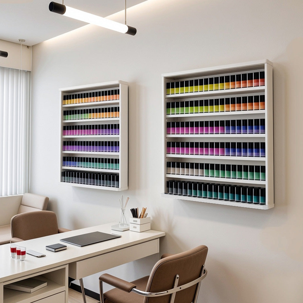 Modern office setup with color swatch cabinets and a desk.