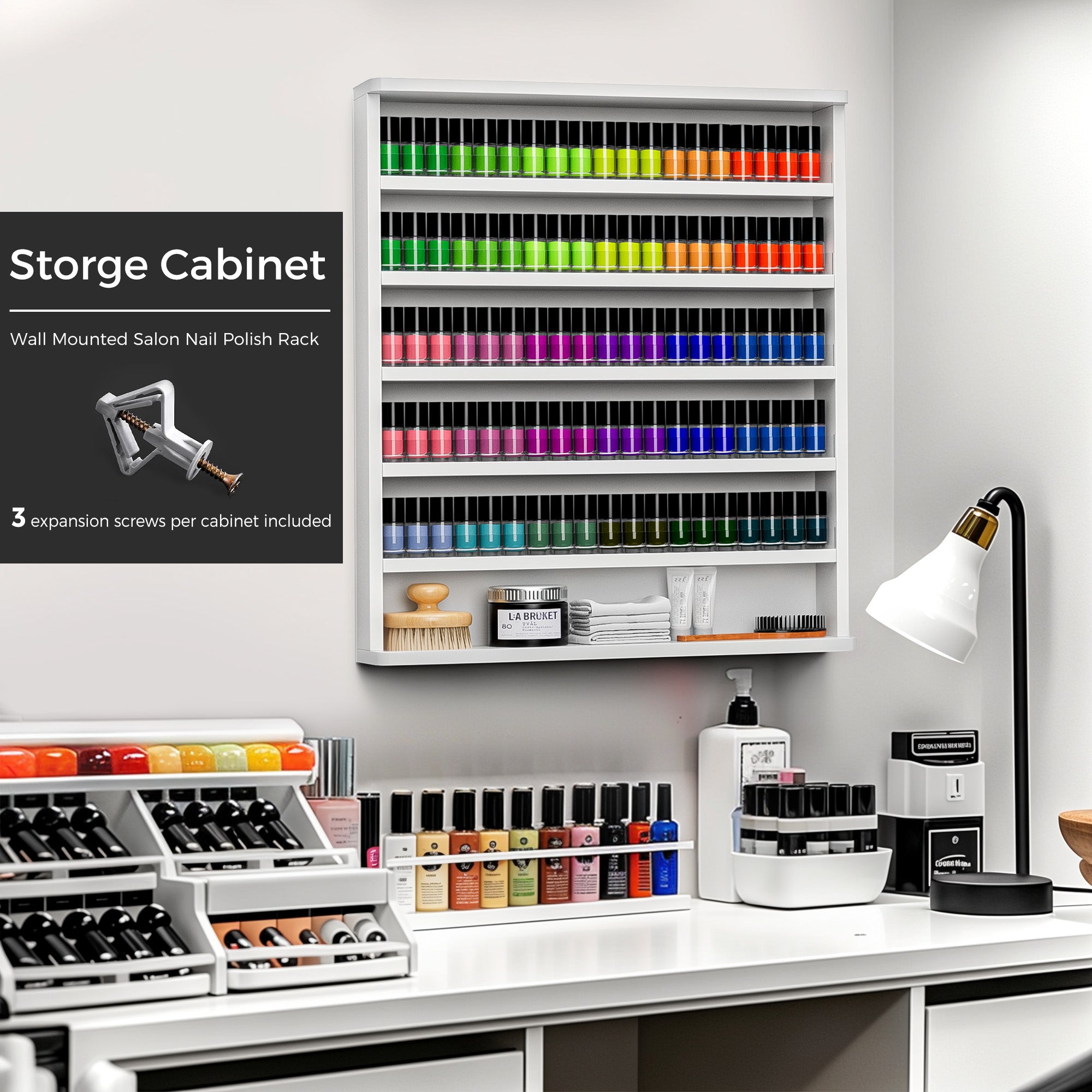 Wall-mounted salon nail polish rack with colorful bottles on a white wall.