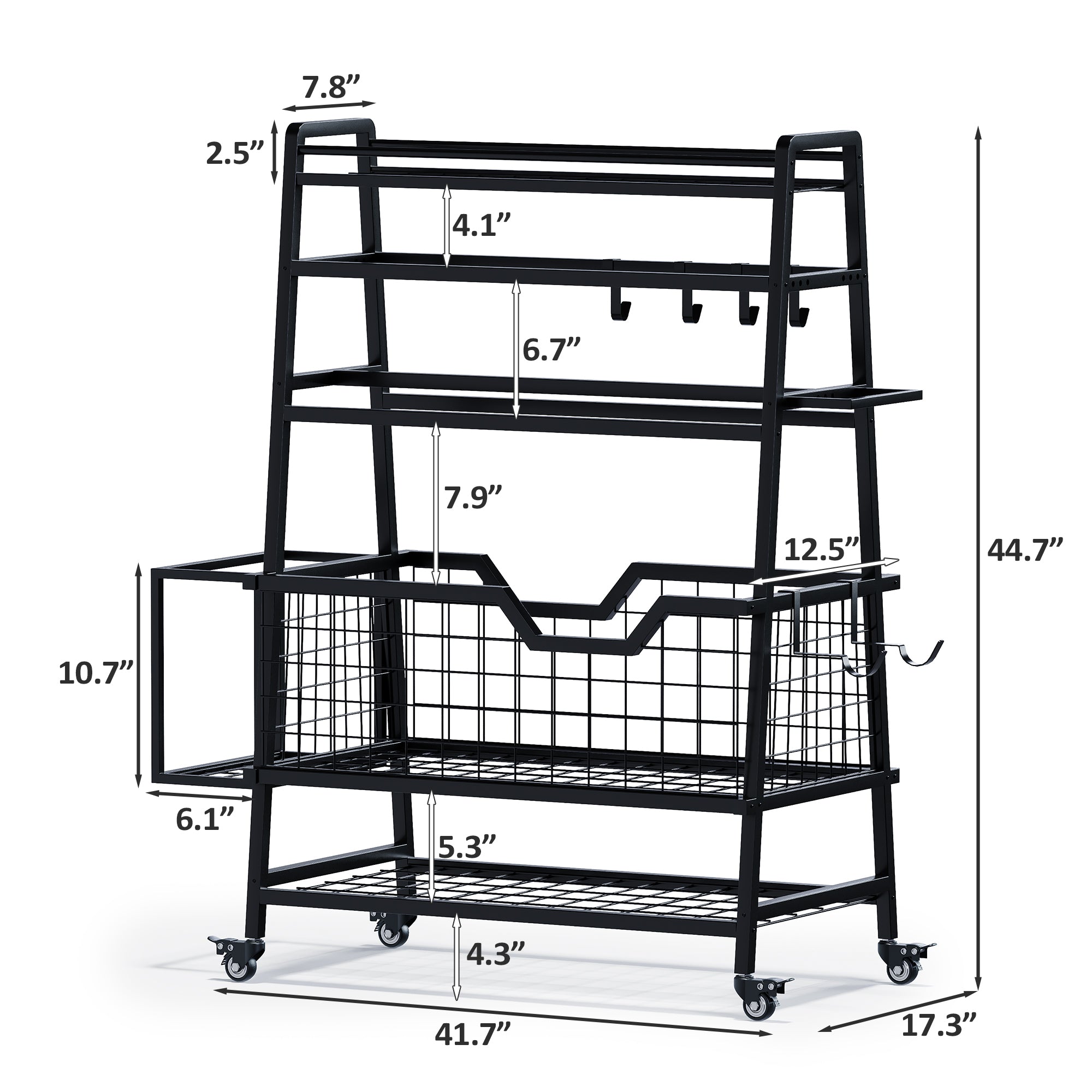 Black metal shelf with dimensions labeled on a white background