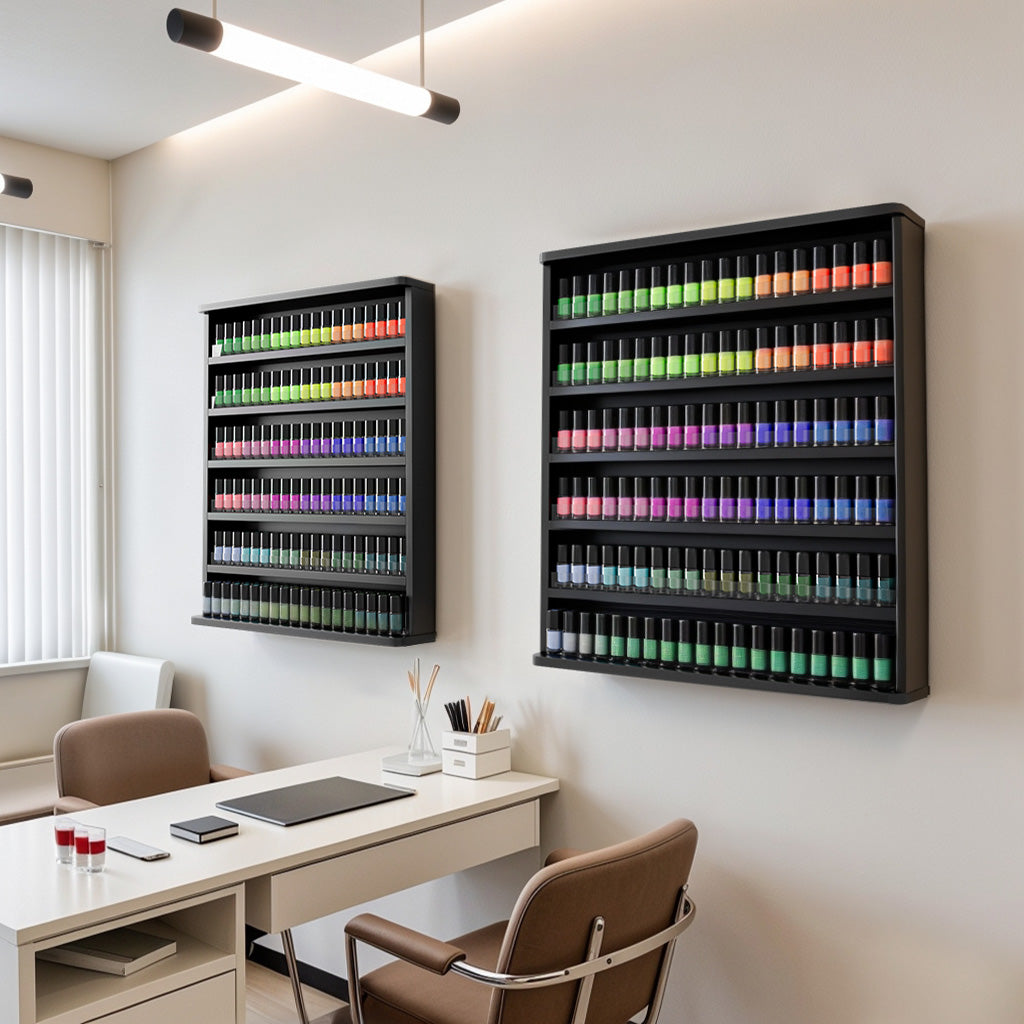 Colorful nail polish bottles on shelves in a modern office setting