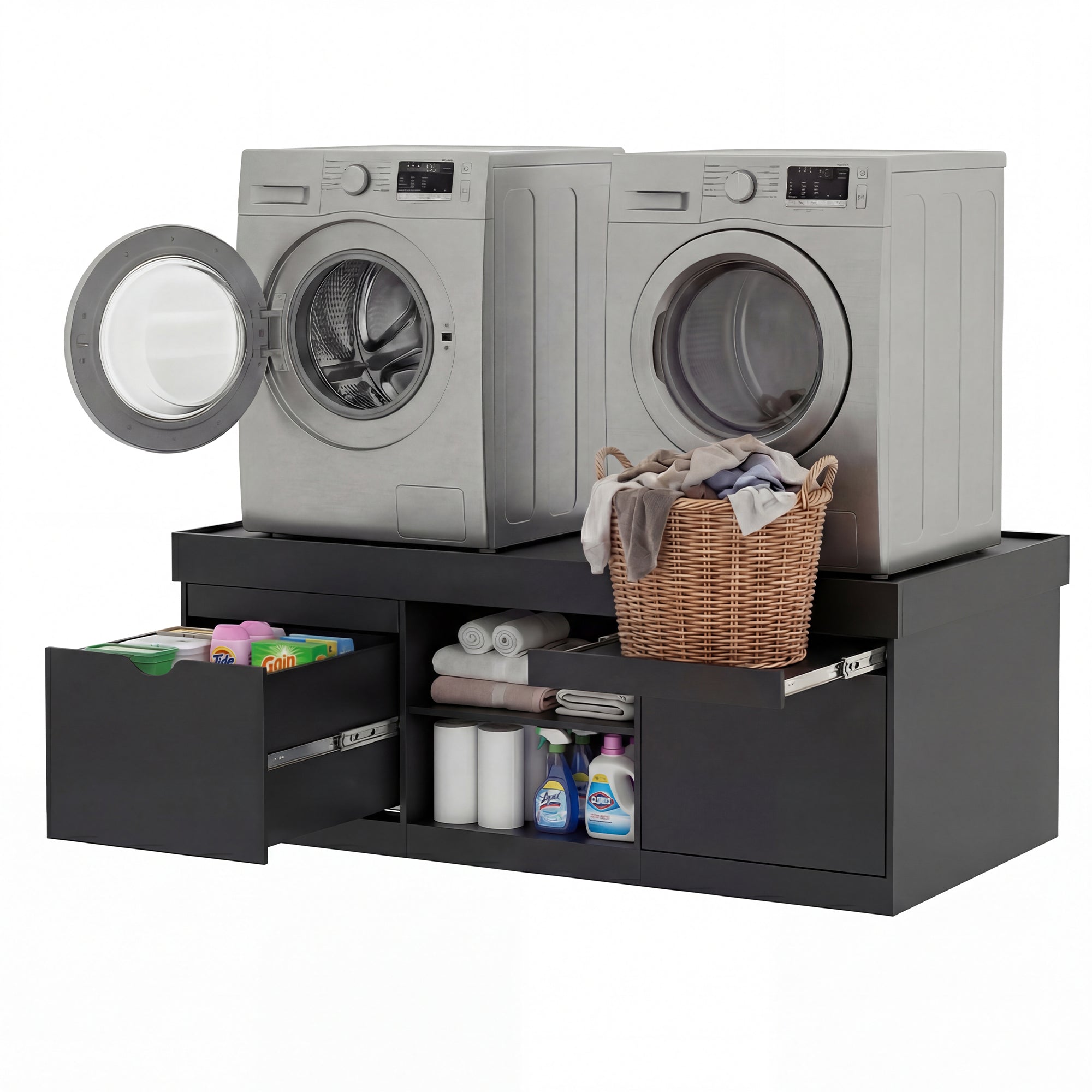 Laundry setup with two washing machines, a black stand with drawers and a basket, on a white background.