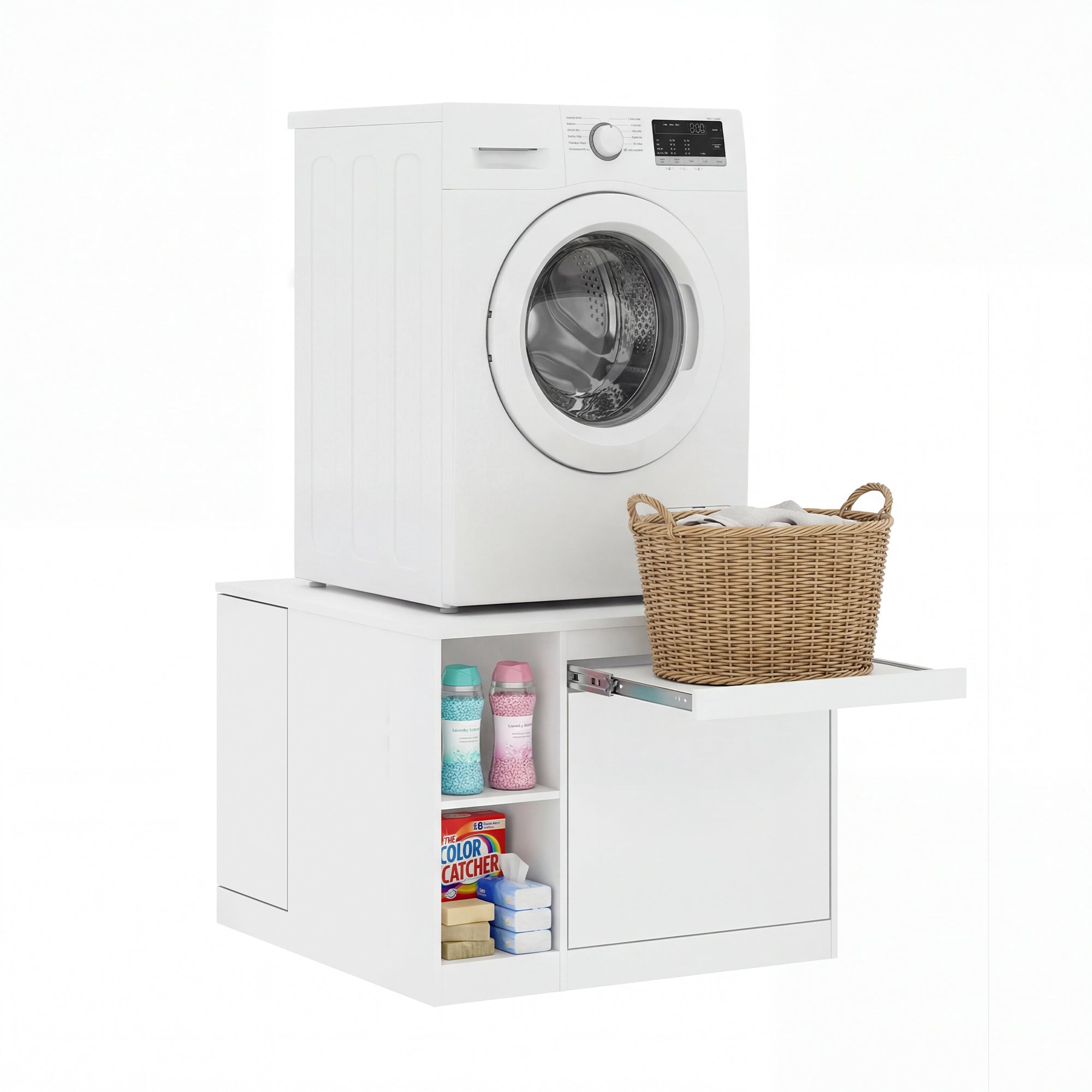 White washing machine with a cabinet below containing cleaning supplies on a white background