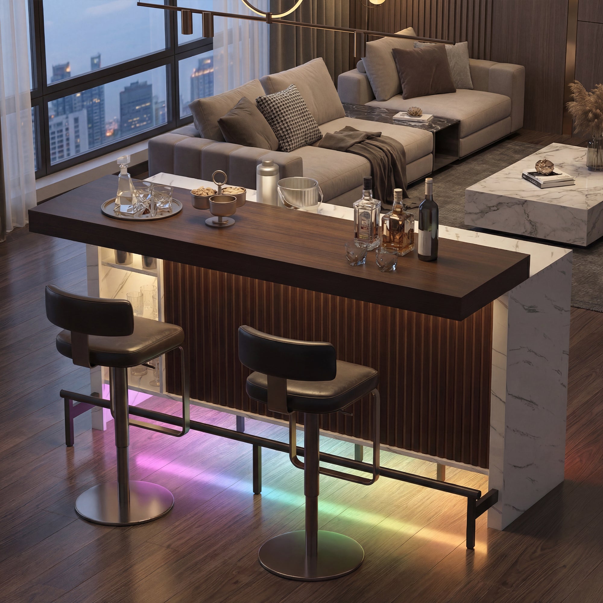 Modern living room with a bar area and cityscape view