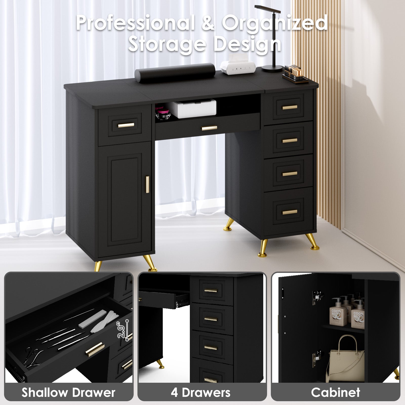 Black desk with multiple drawers and a cabinet, featuring professional and organized storage design.