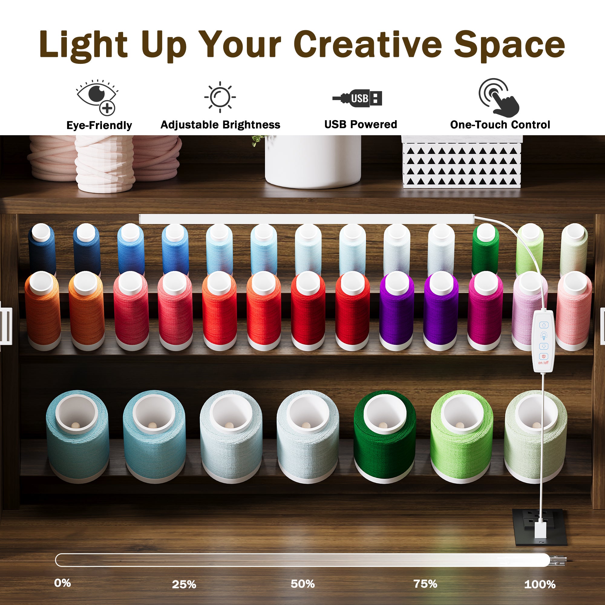 Colorful spools of thread on a wooden shelf with an LED lamp, labeled features including eye-friendly, adjustable brightness, USB powered, and one-touch control.