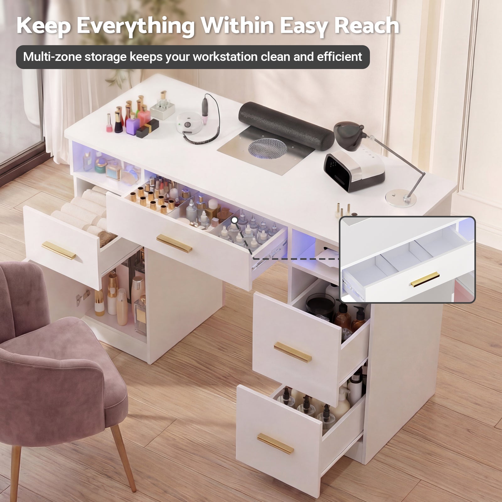 White multi-zone storage desk with drawers and shelves in a room setting.