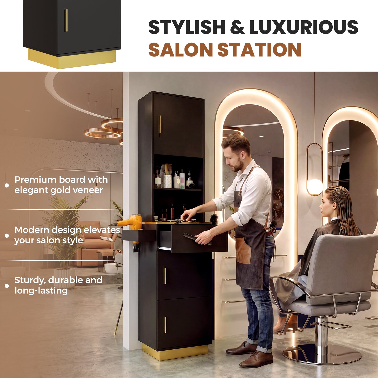 Salon station with a man and woman, featuring text about its stylish and luxurious design.