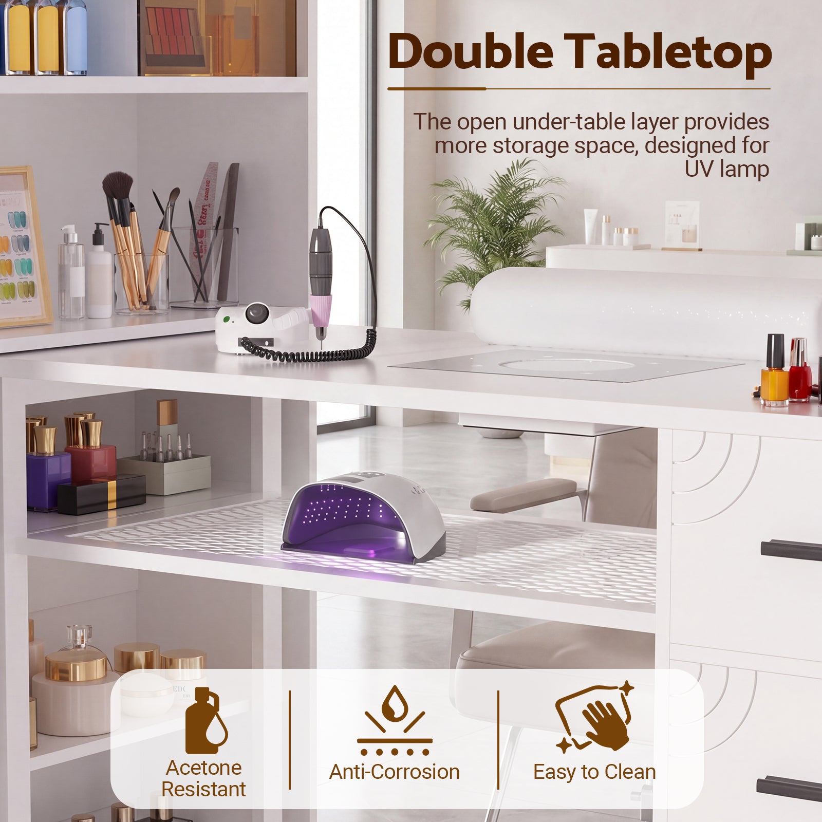 Advwin Nail Table w/ Double Tabletop & 3 Adjustable Shelves