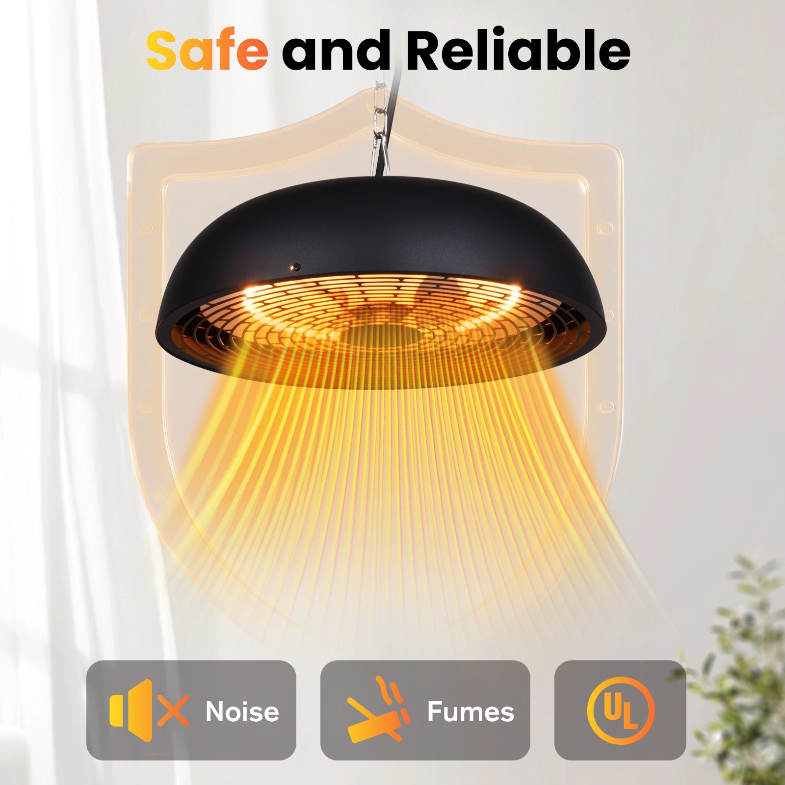 Black pendant light with safety features labeled on a white background