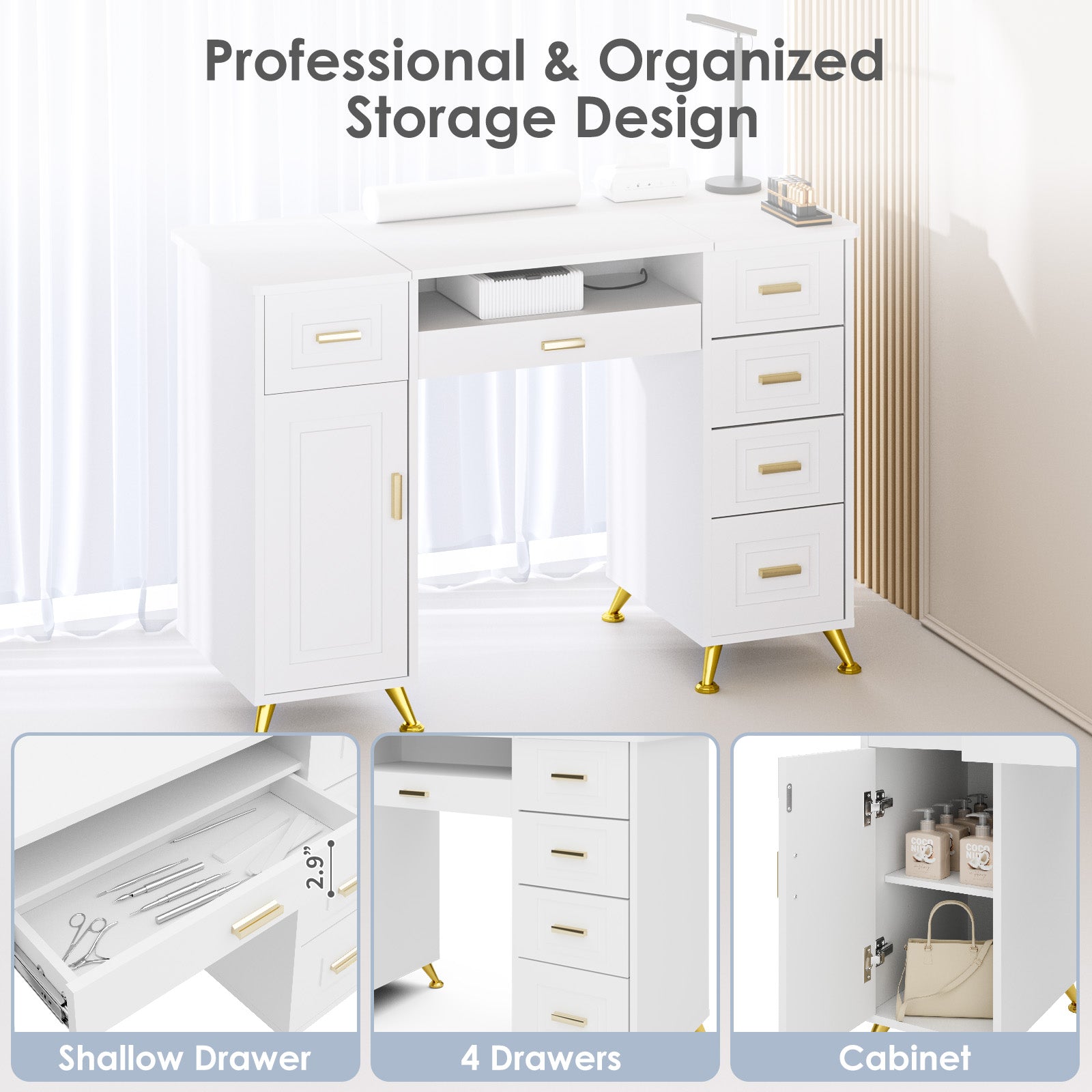 White storage unit with gold accents, including shallow drawer, four drawers, and cabinet, in a well-lit room.