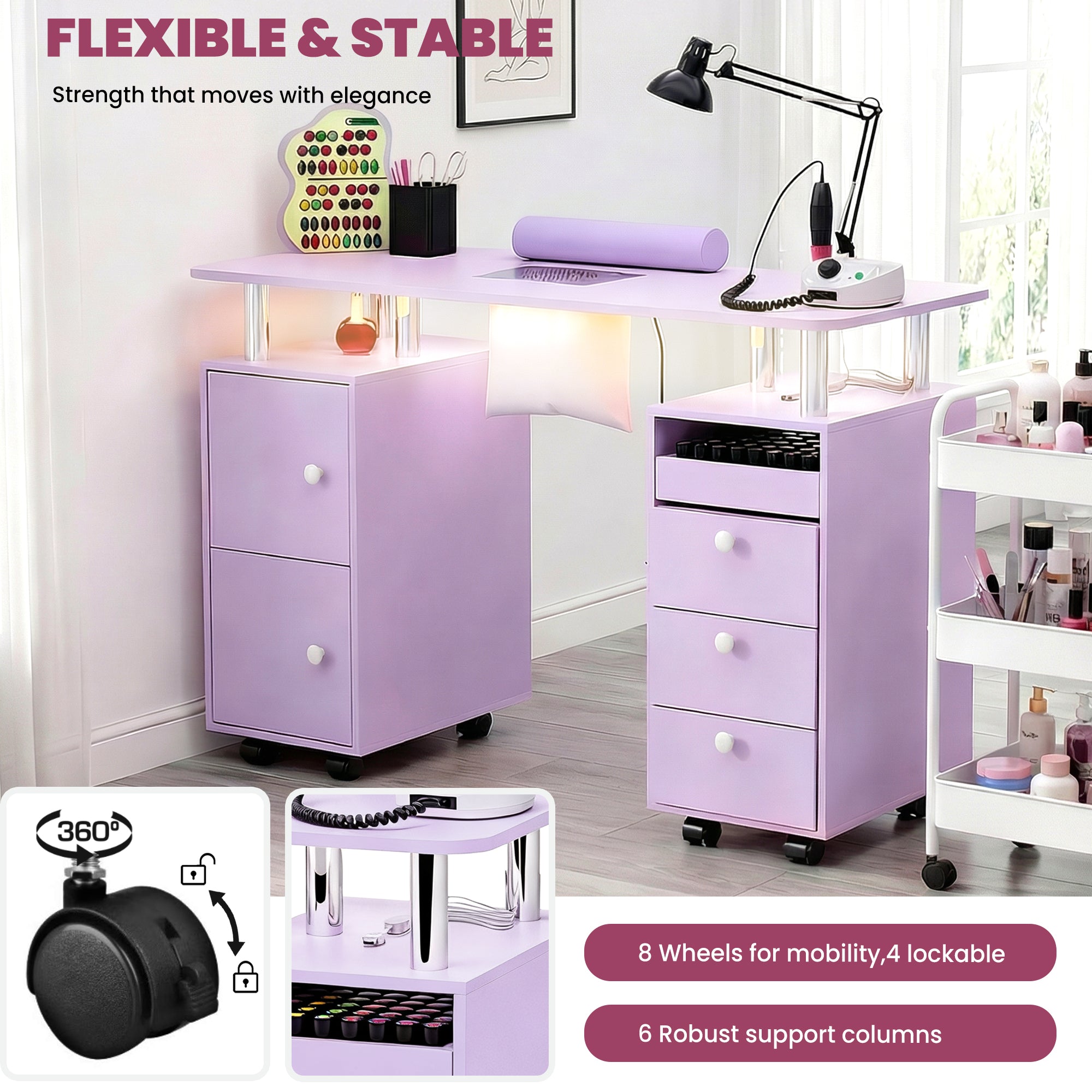 Advwin Nail Table w/ Dust Collector & Lockable Wheels Purple