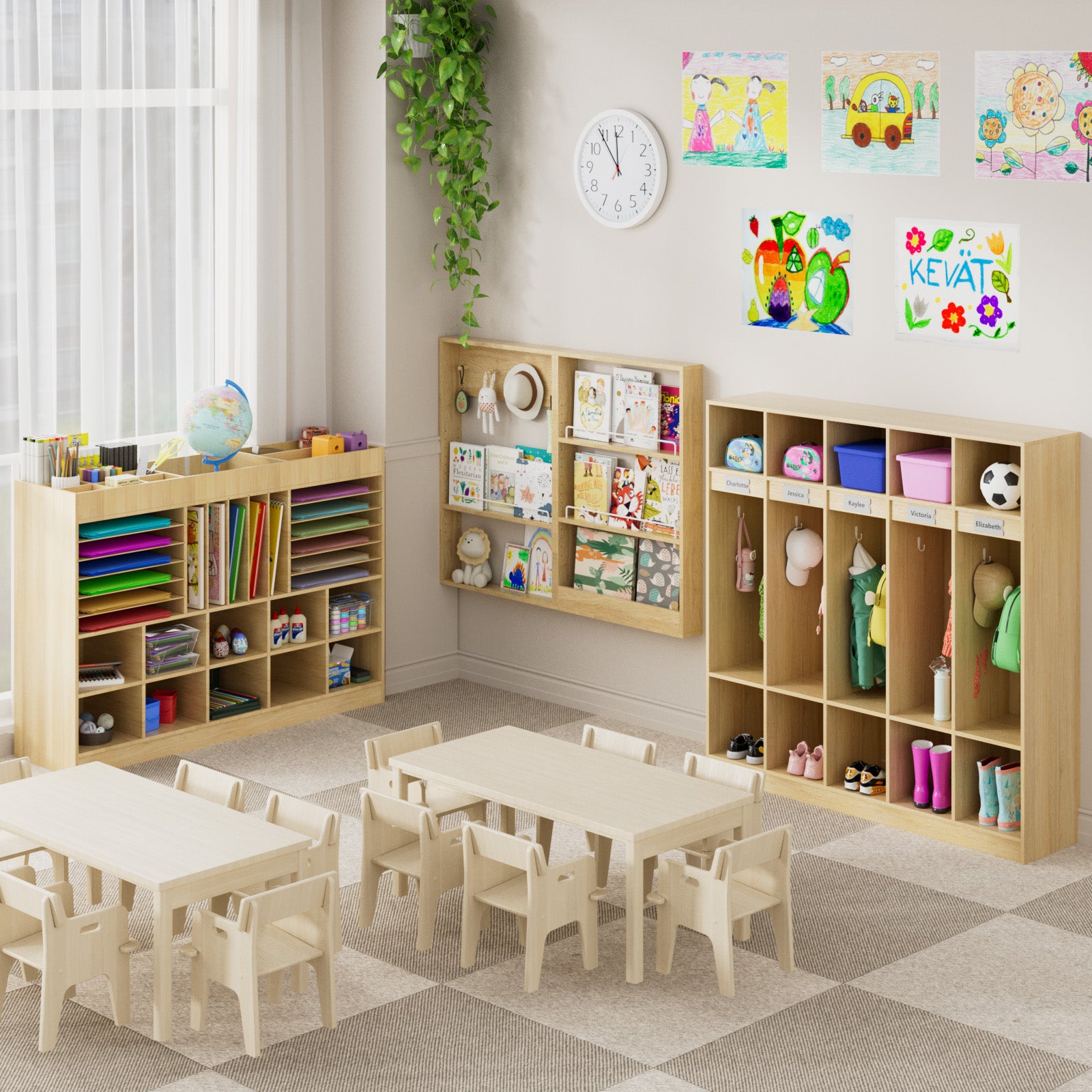 Children's classroom with wooden furniture, books, and educational materials.