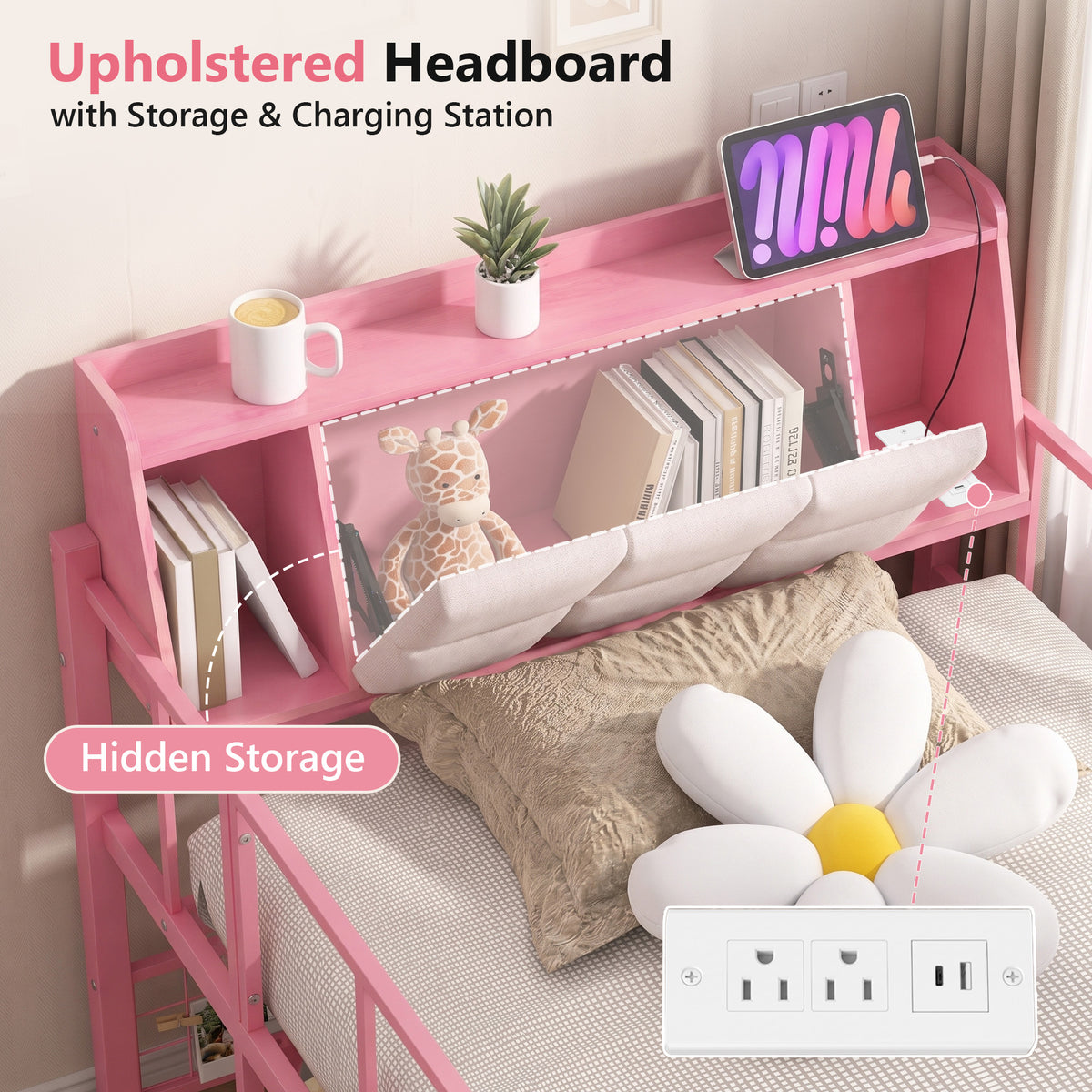 Advwin Loft Bed with Storage Headboard & Power Outlets