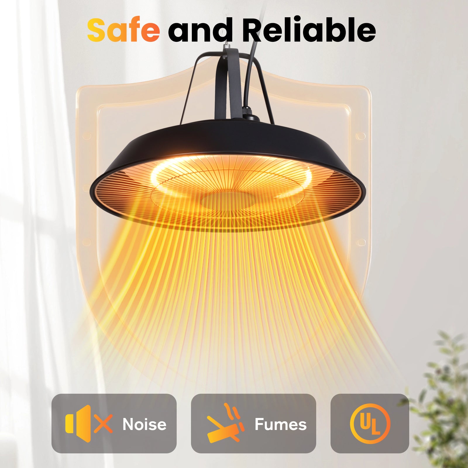 Black wall-mounted lamp with glowing interior, labeled 'Safe and Reliable', on a white background.