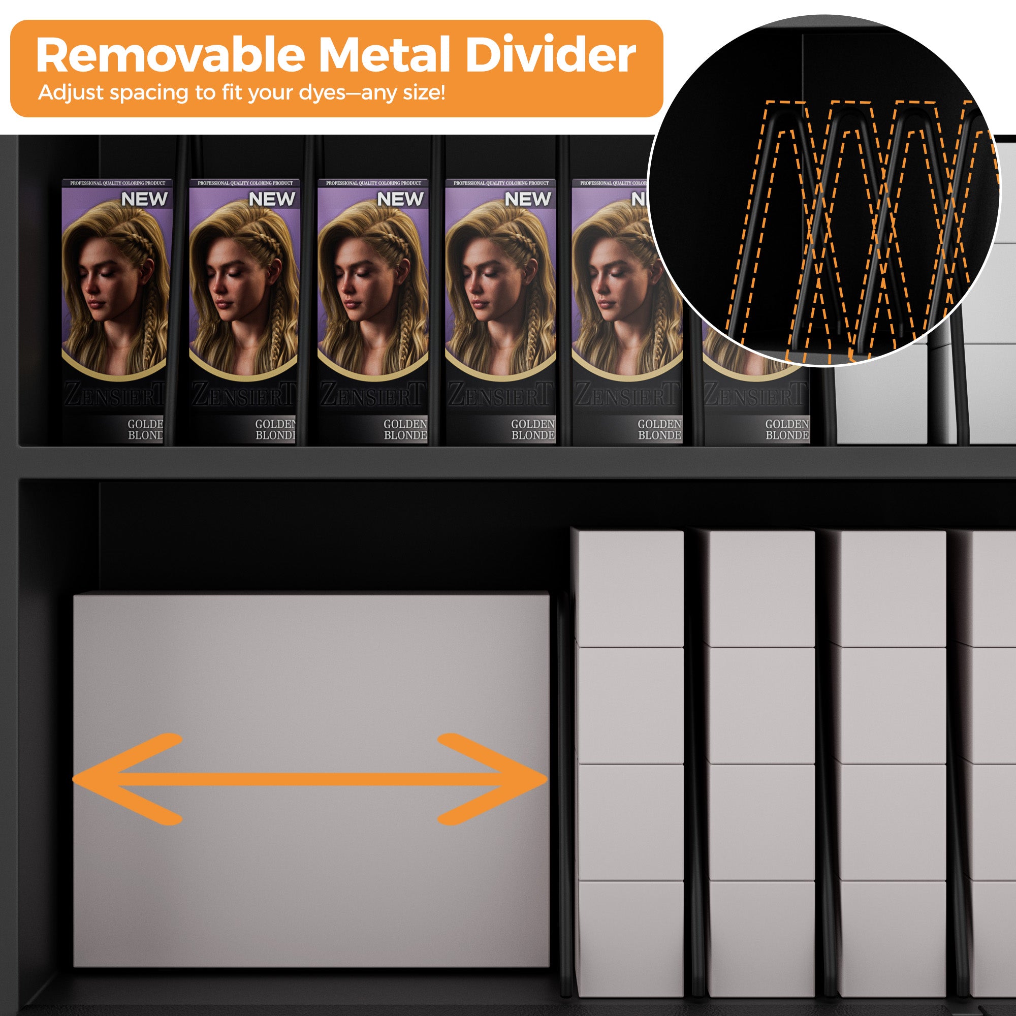 Set of hair color boxes with a removable metal divider and close-up detail.