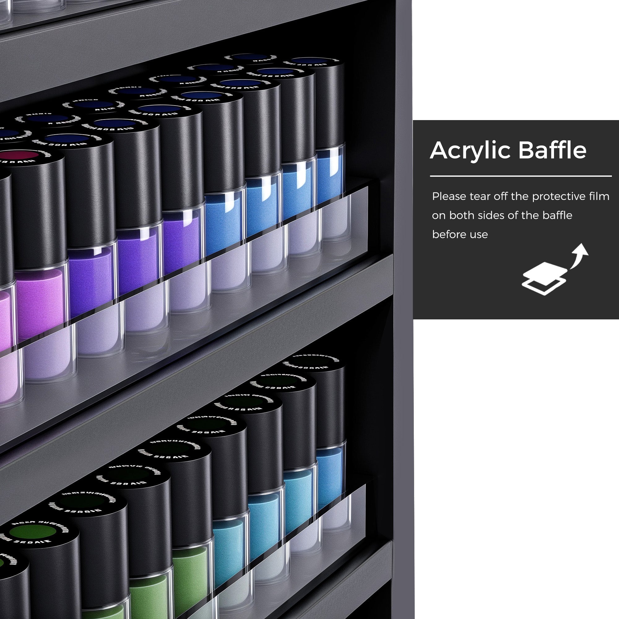 Nail polish bottles on a shelf with an acrylic baffle label.