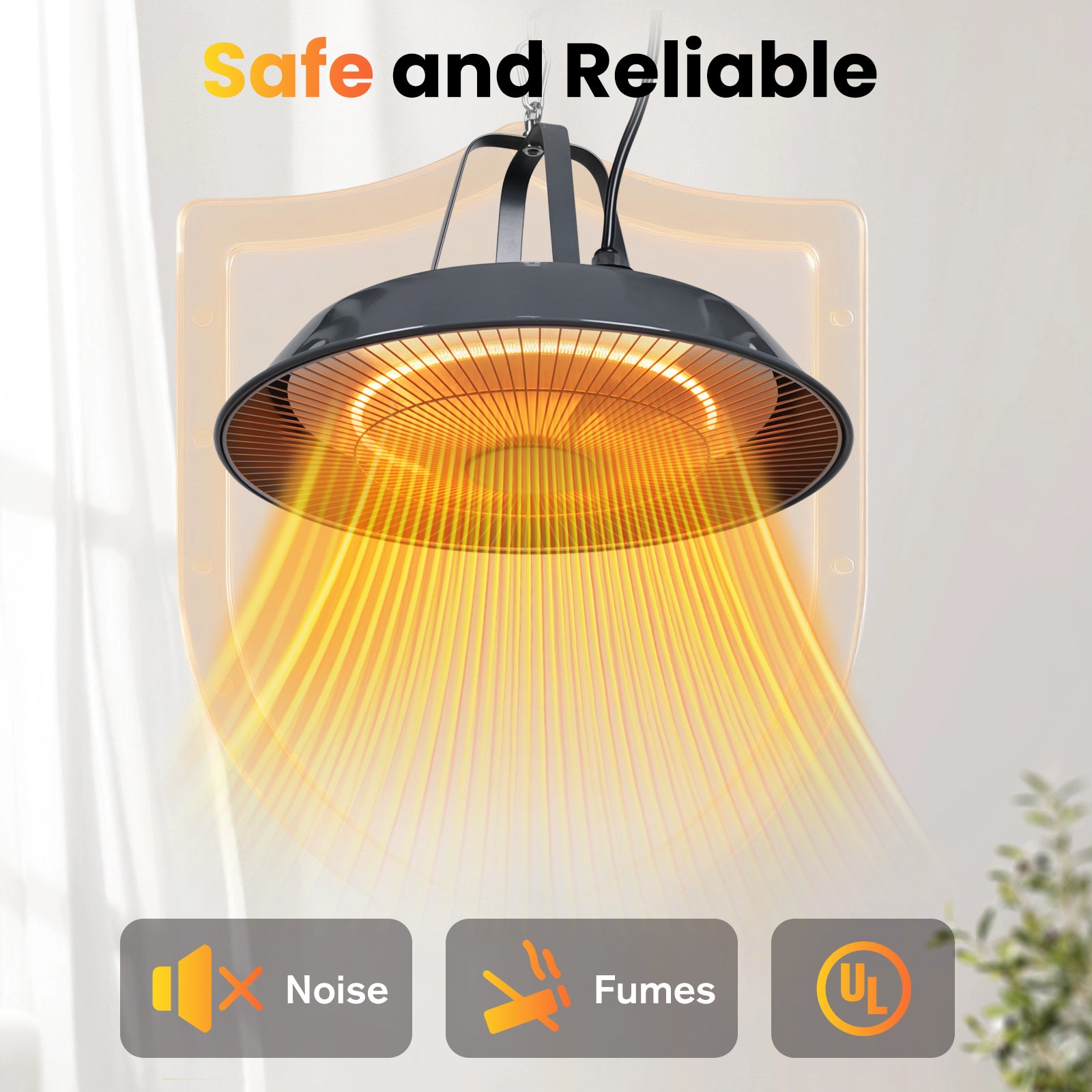Hanging light fixture with safety features labeled 'Safe and Reliable' on a white background.