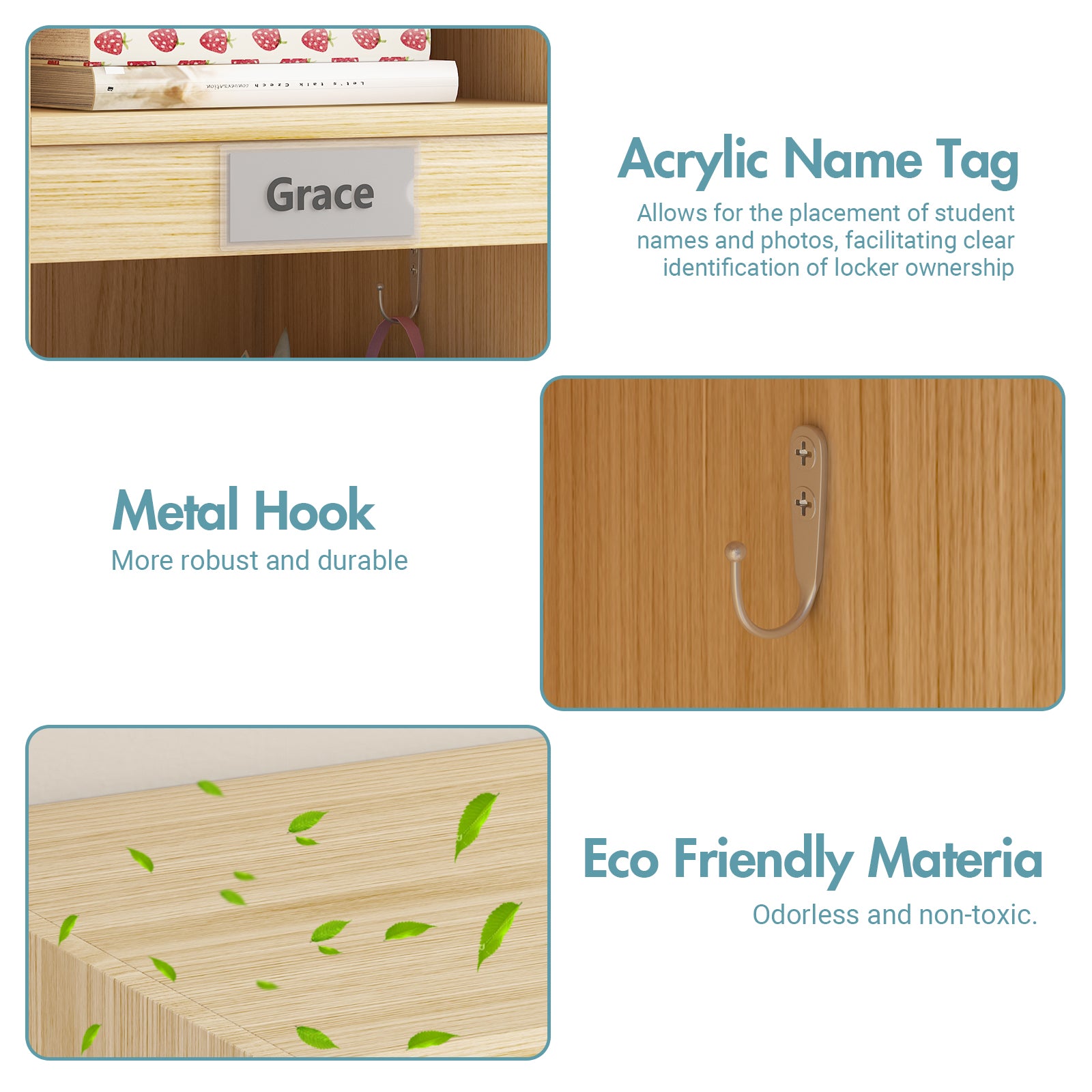 Wooden locker with acrylic name tag, metal hook, and eco-friendly material features.