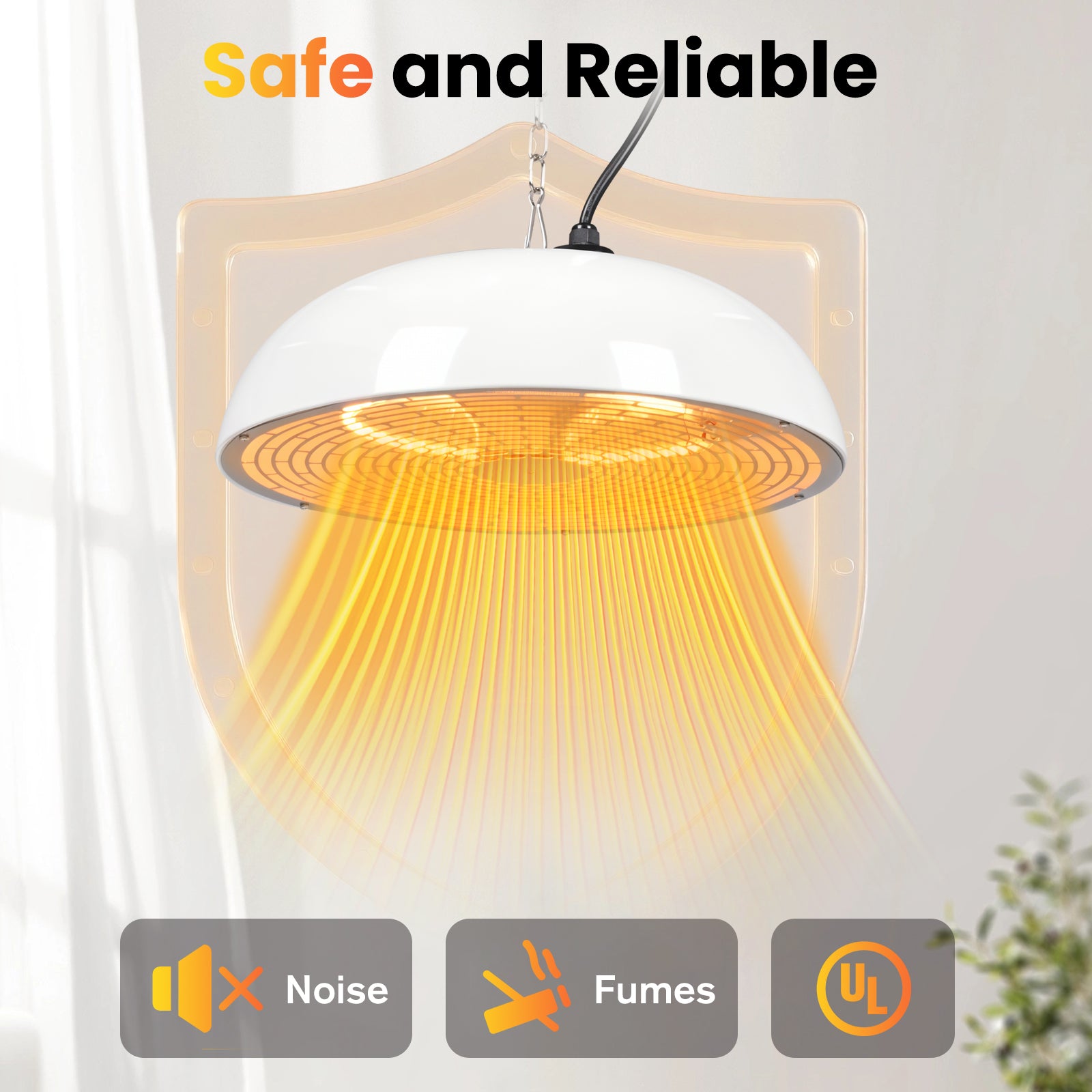 White pendant light with glowing interior, labeled 'Safe and Reliable' on a white background.