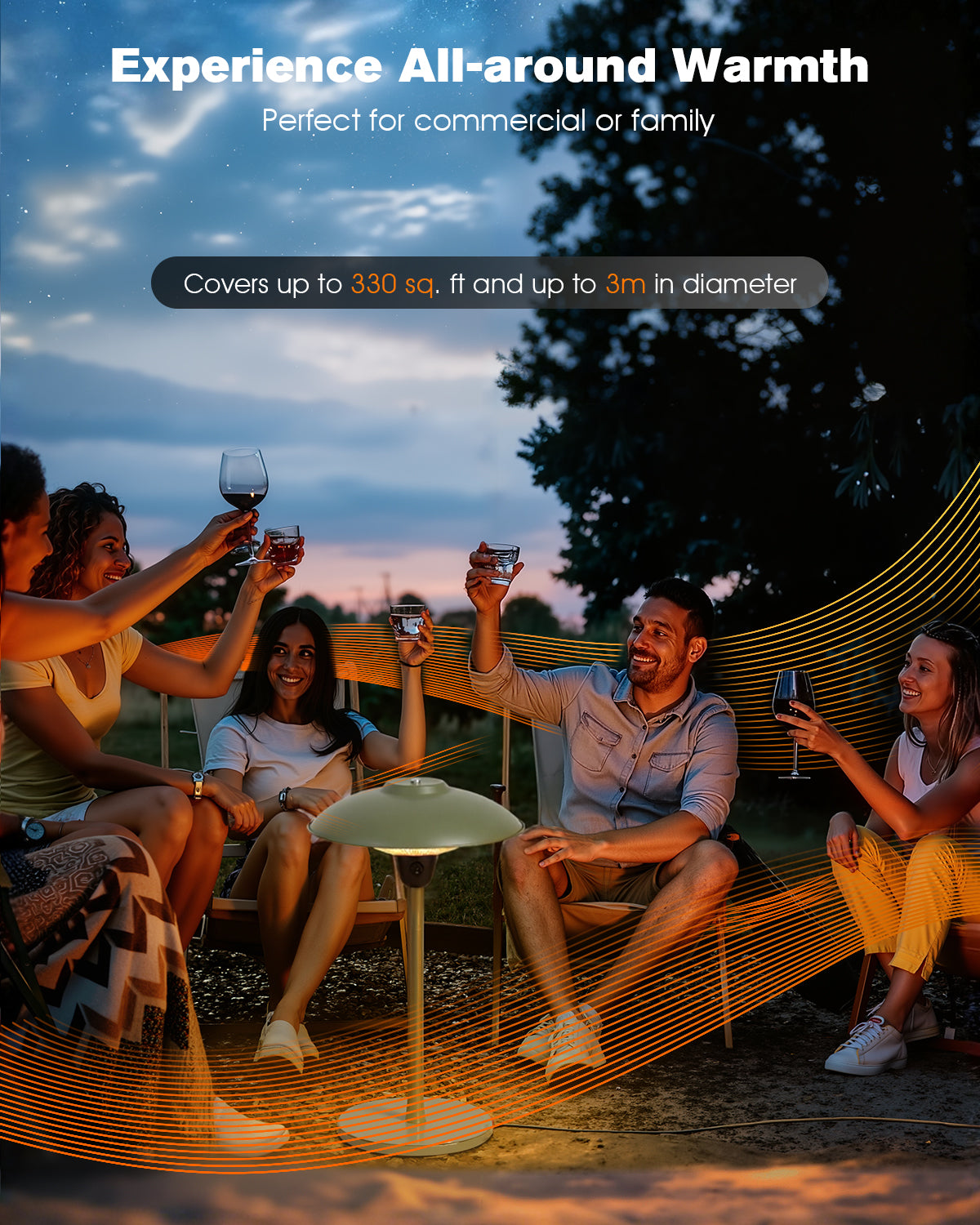 People enjoying a sunset with drinks, sitting under a large outdoor umbrella.