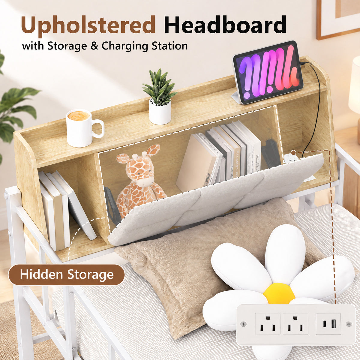 Advwin Loft Bed with Storage Headboard & Power Outlets