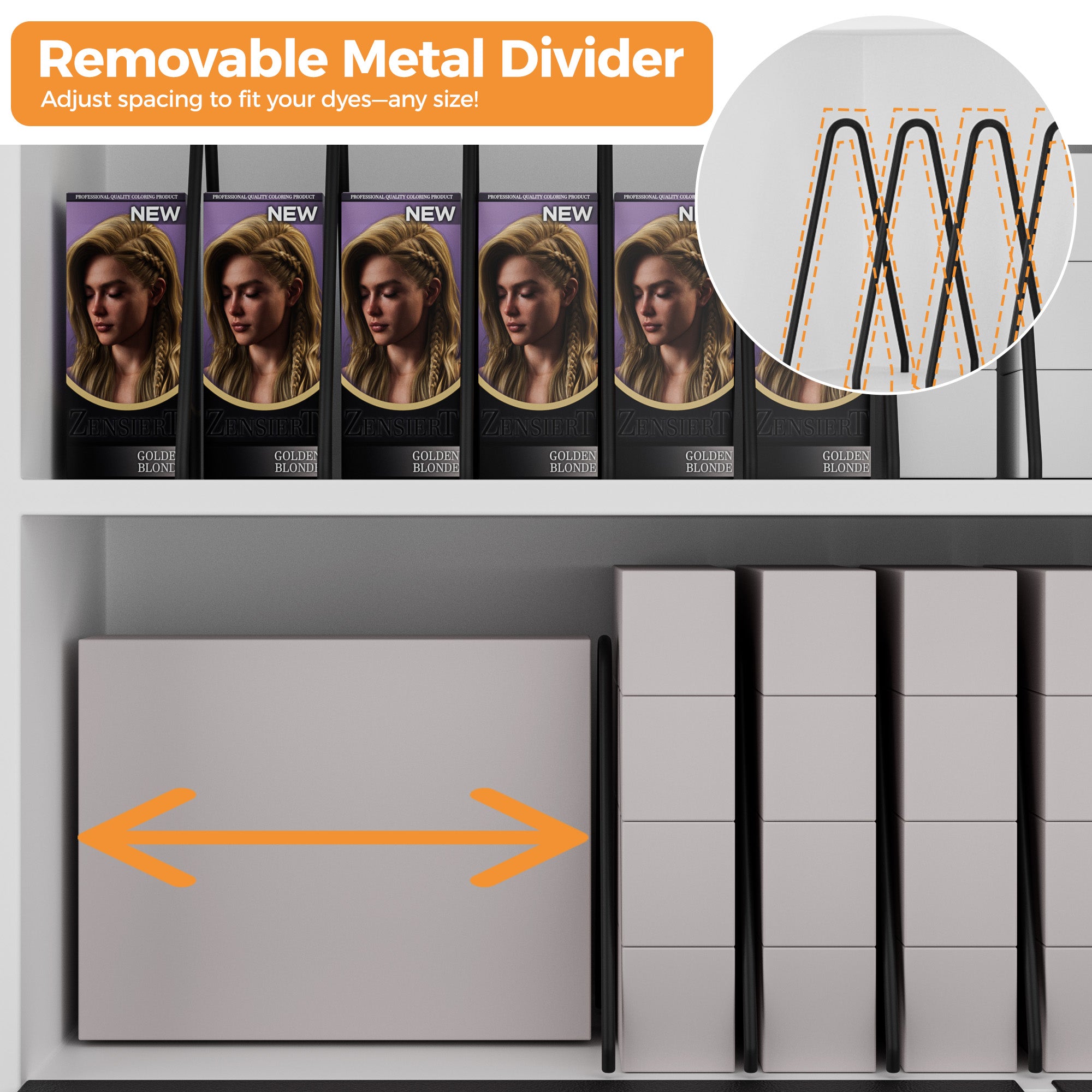 Hair dye boxes with a removable metal divider and an arrow indicating spacing adjustment.