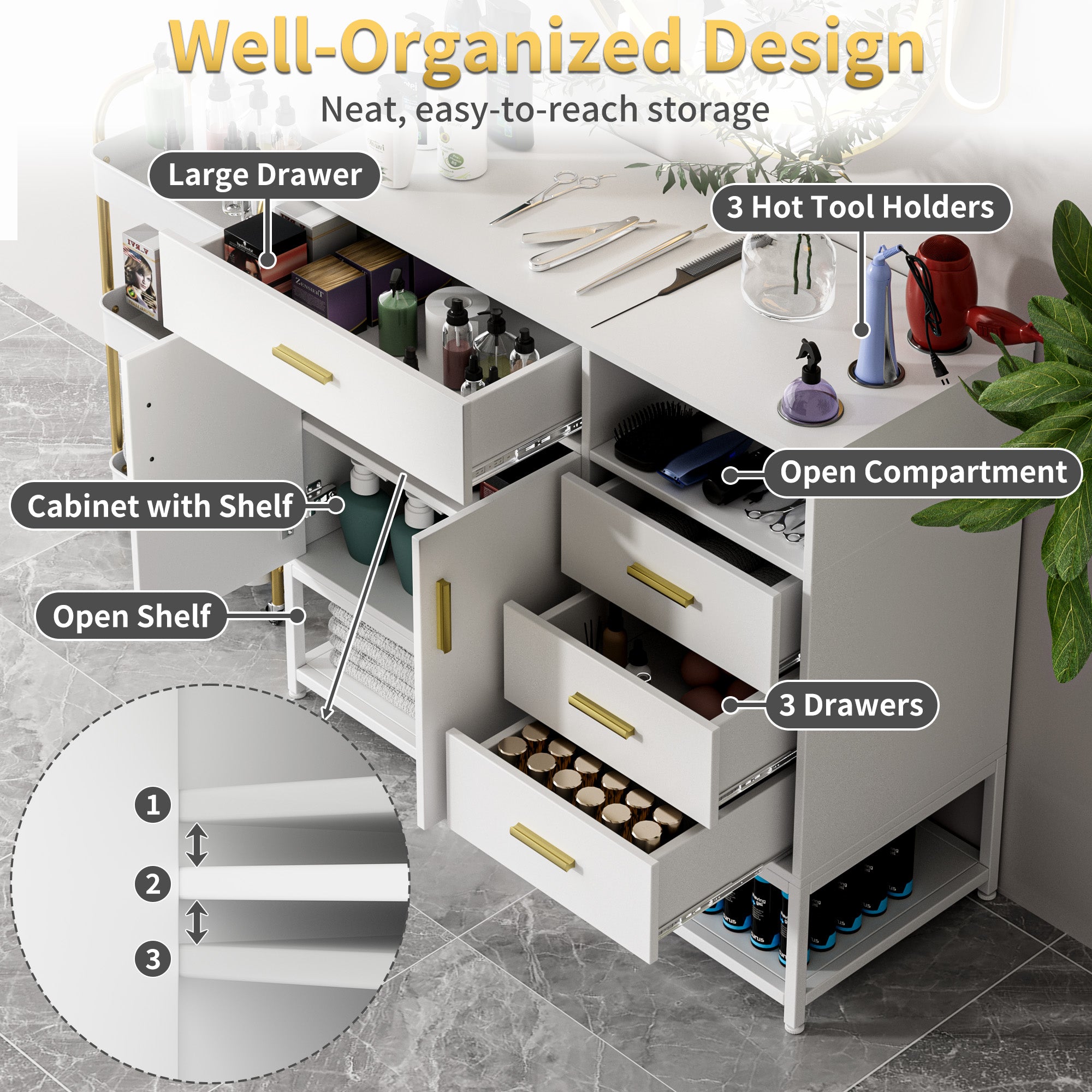 Well-organized kitchen island with labeled storage compartments on a gray tiled floor.