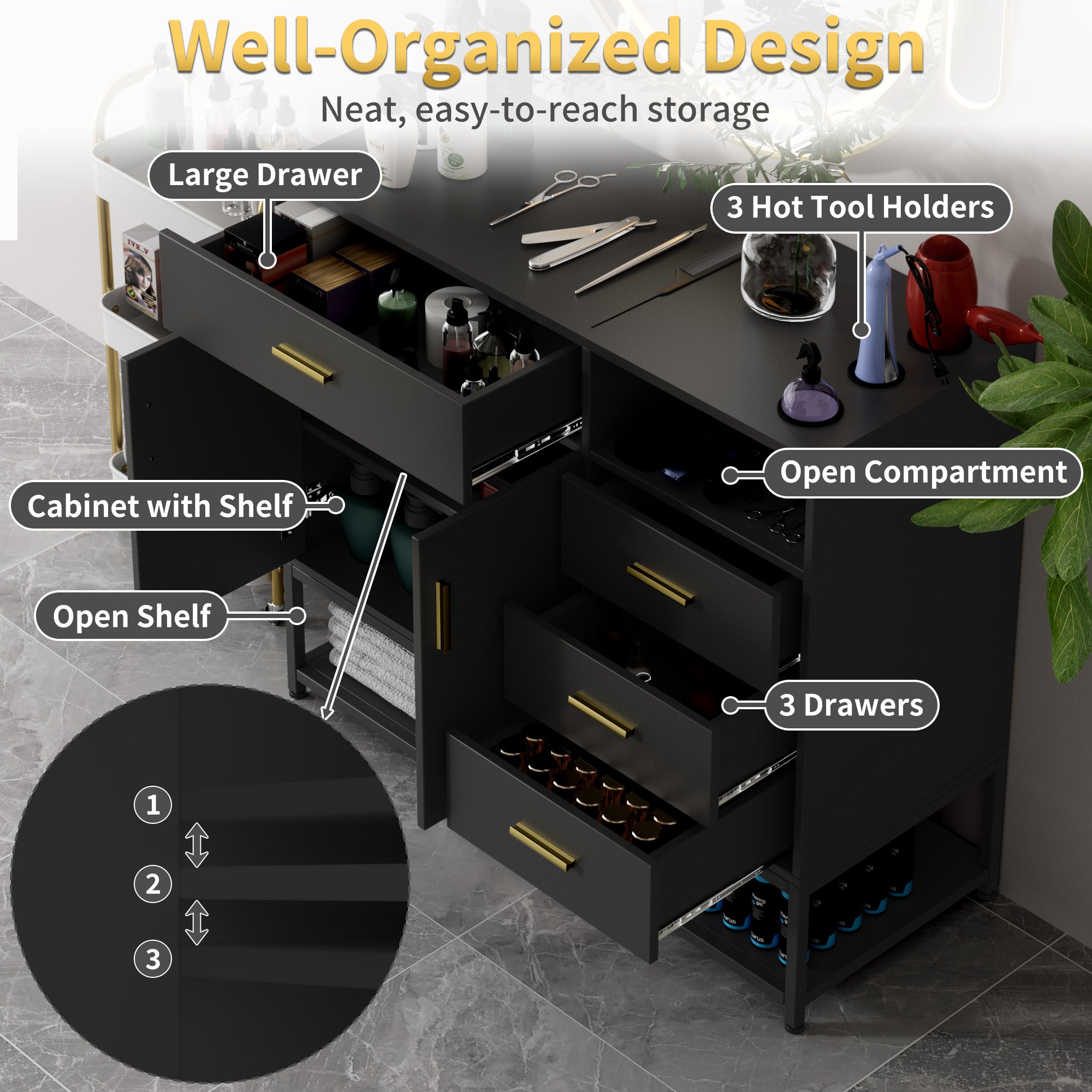 Black storage cabinet with labeled compartments on a gray floor.