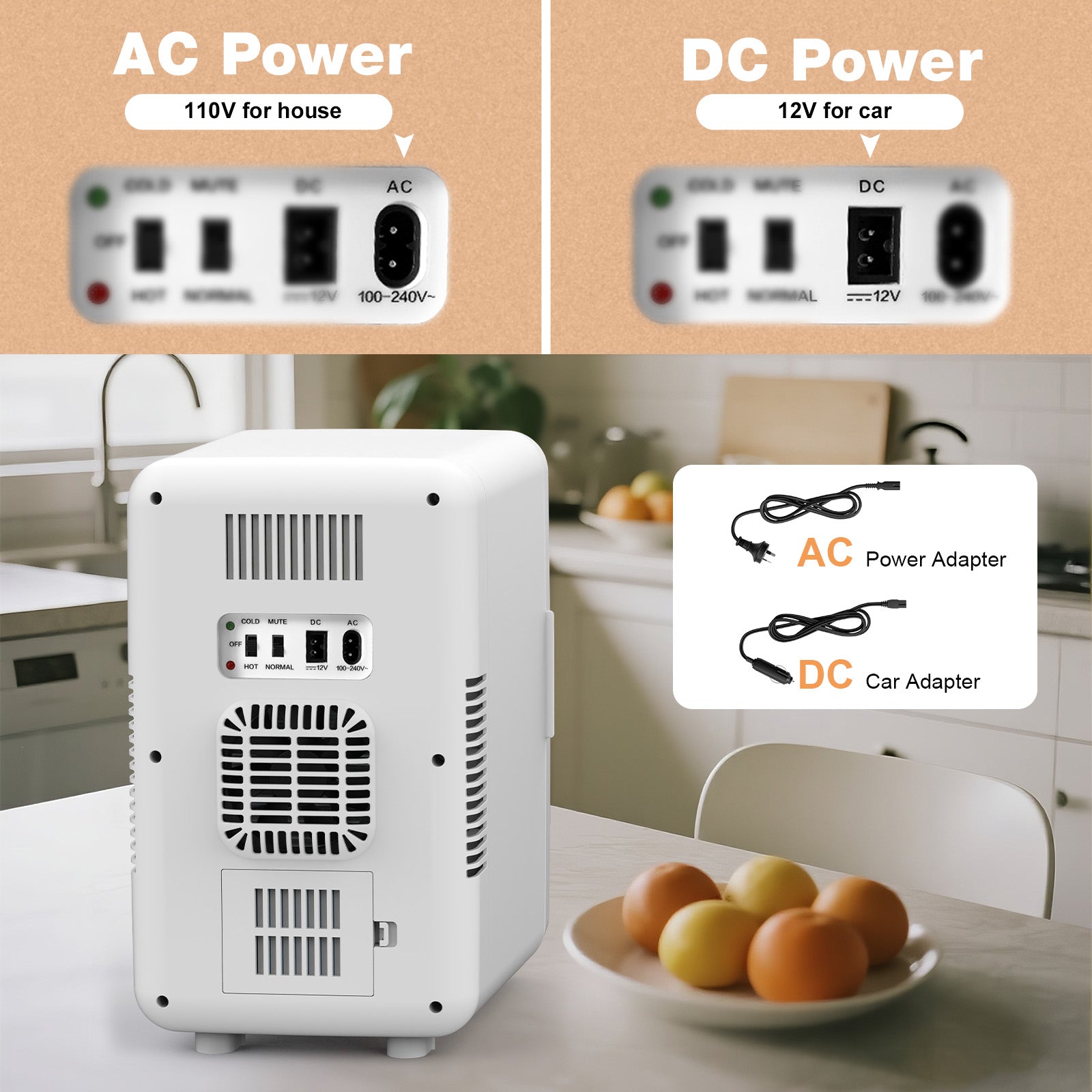 Power adapter with AC and DC outlets, labeled for house and car use, on a kitchen counter.