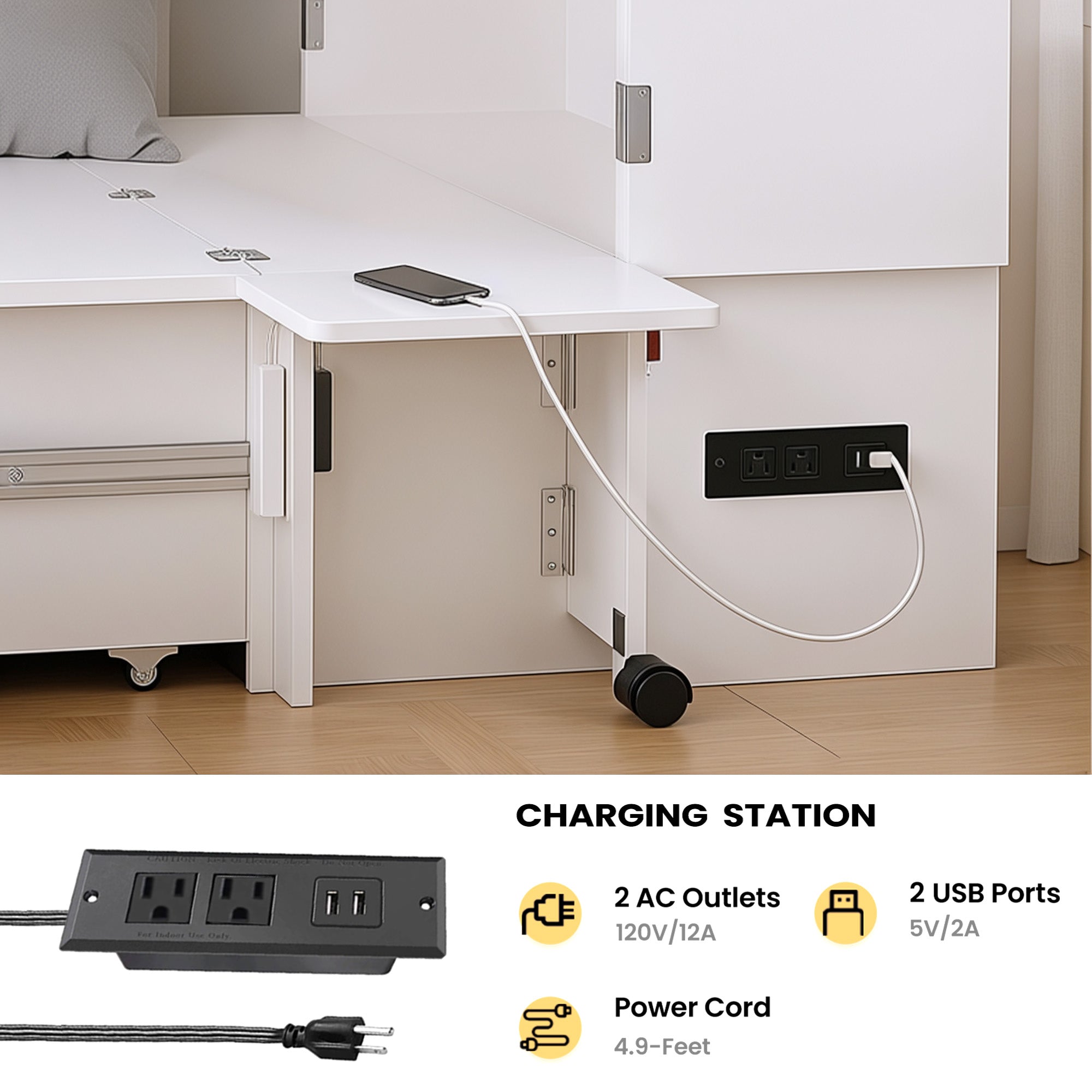 Under-desk charging station with power outlets and USB ports in a home office setting.