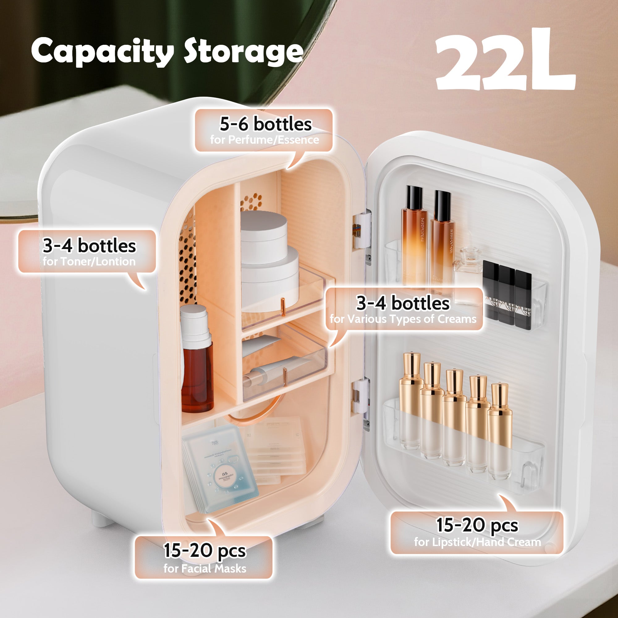 Small refrigerator with labeled capacity for storing various types of skincare products.