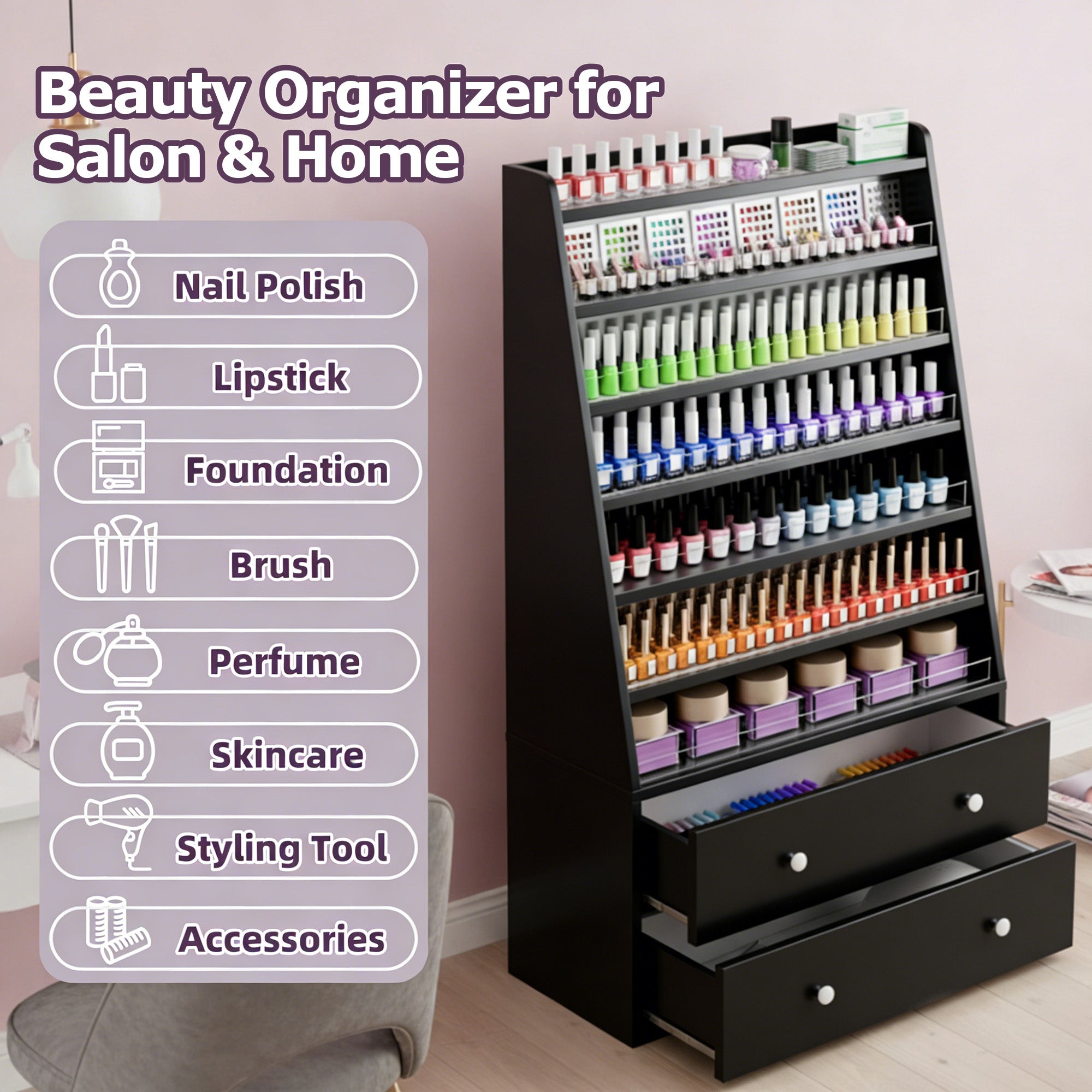 Advwin Nail Polish Rack with 2 Drawers