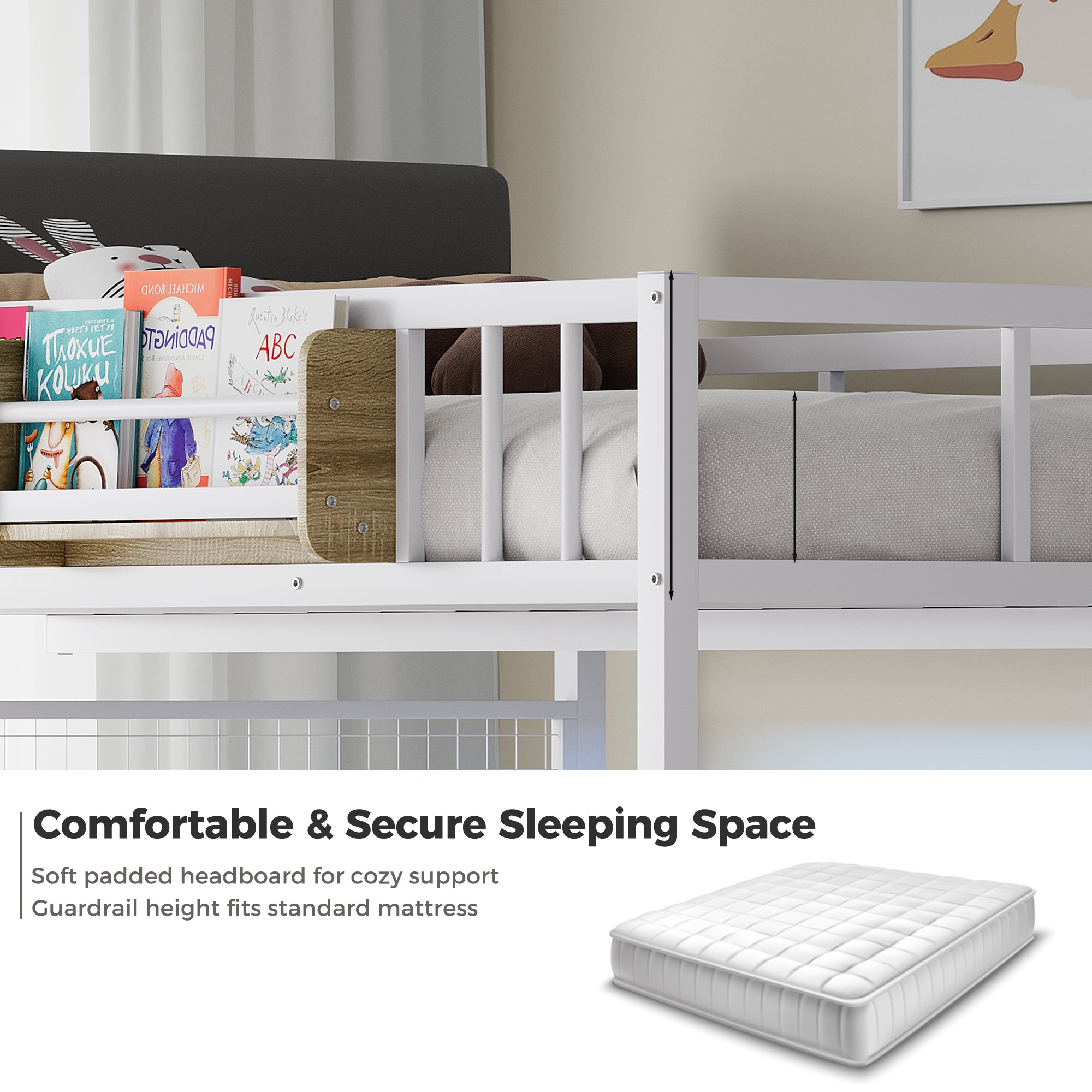 Children's bed with books and a mattress, labeled as a comfortable and secure sleeping space.