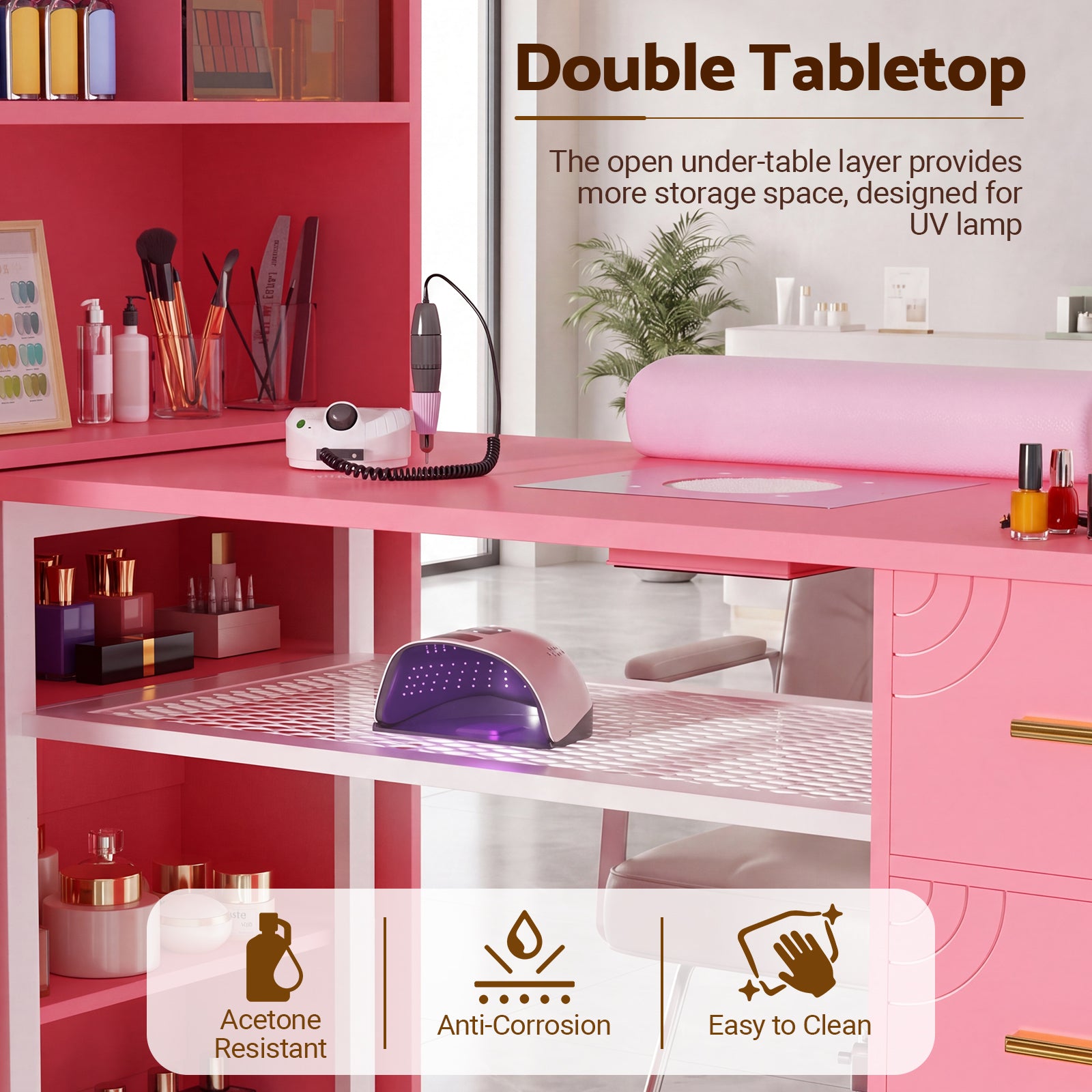 Advwin Nail Table w/ Double Tabletop & 3 Adjustable Shelves