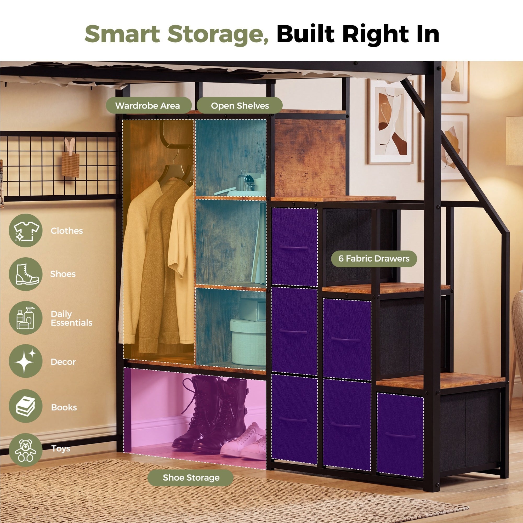 Advwin Loft Bed w/ Stairs, Storage and LED Light
