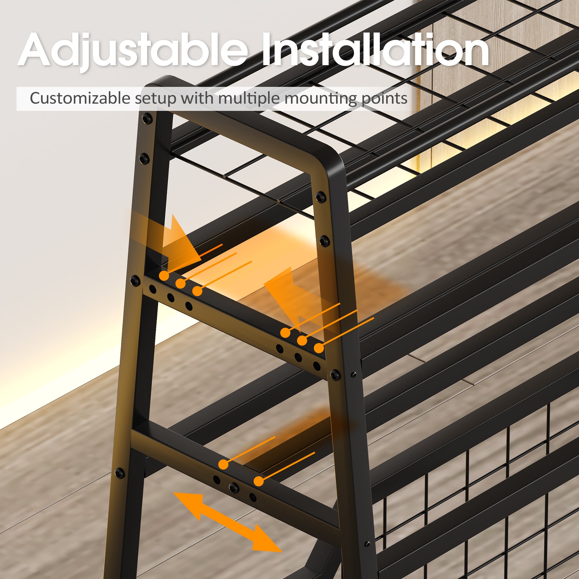 Adjustable metal frame with customizable setup and multiple mounting points on a wooden floor.