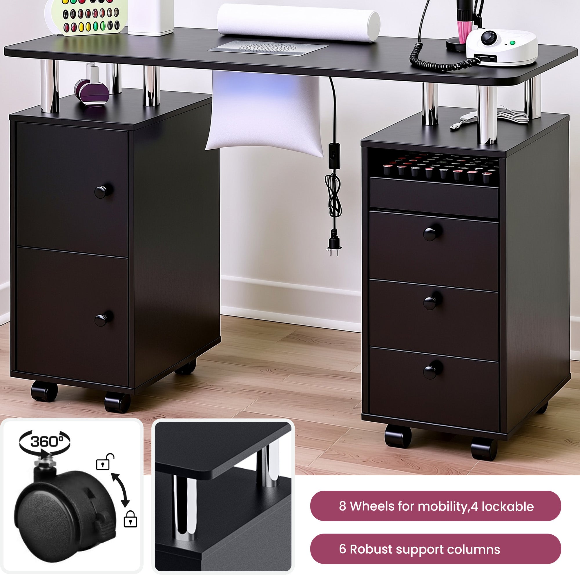 Advwin Nail Table w/ Dust Collector & Lockable Wheels