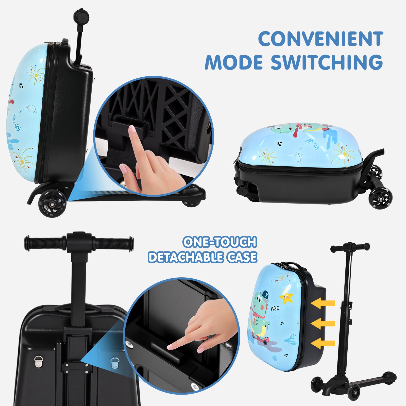Multifunctional suitcase with scooter attachment and mode switching features.