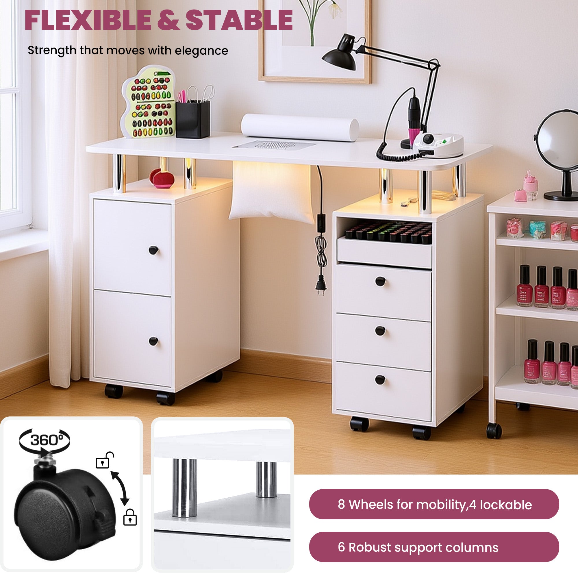 Advwin Nail Table w/ Dust Collector & Lockable Wheels