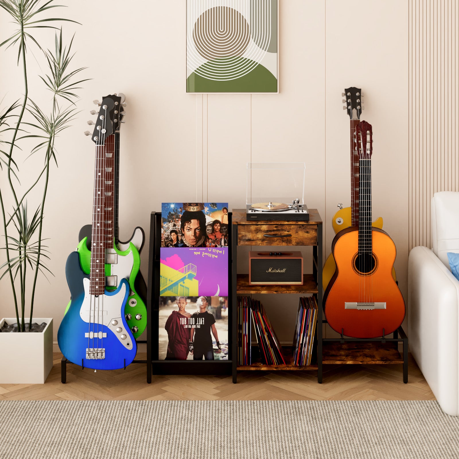 Guitars on stands in a room with books and decorative items.