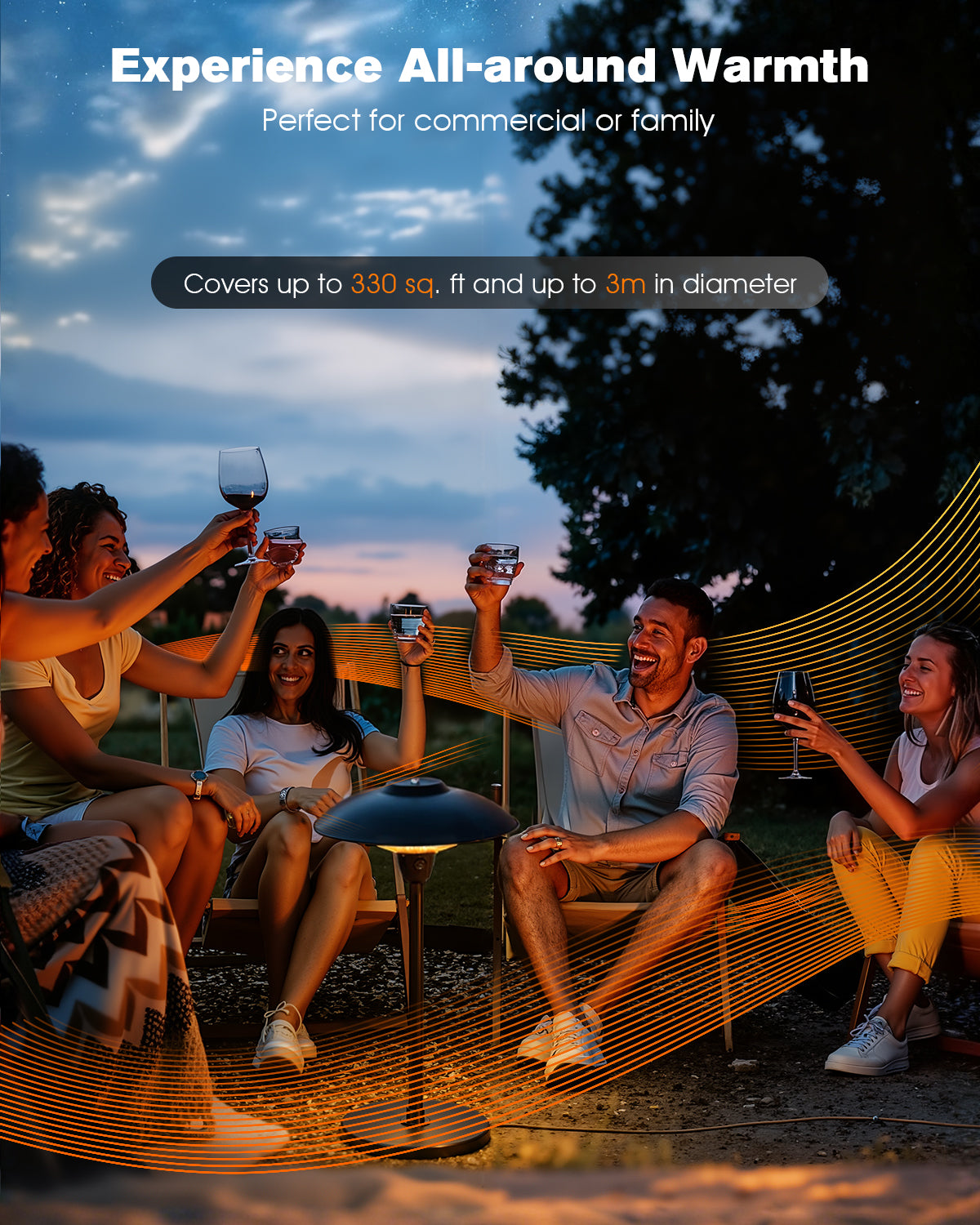 People sitting under a canopy at night, enjoying drinks together.