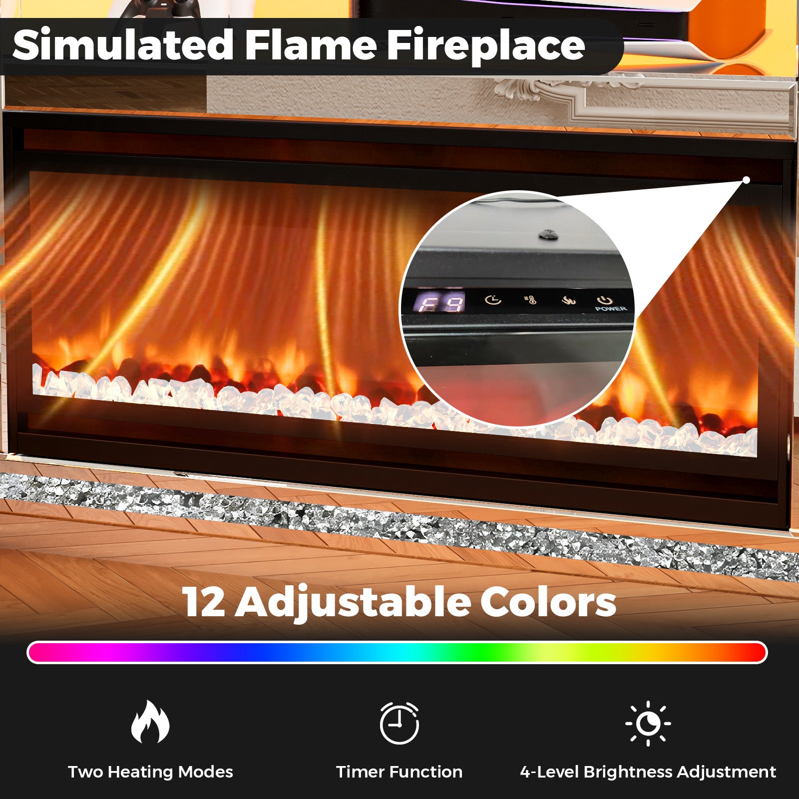 Advwin Mirrored TV Stand with Simulated Fireplace