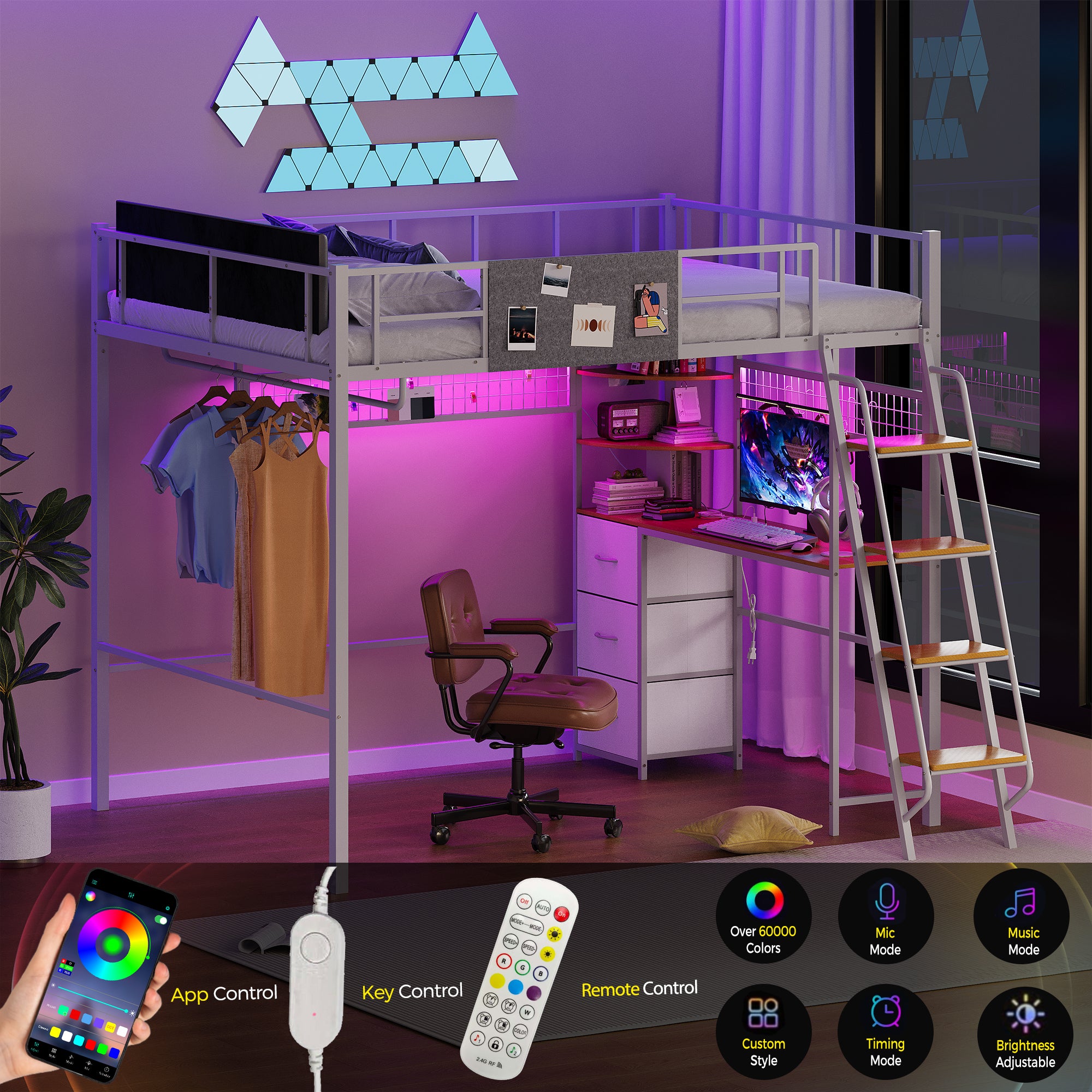 Modern bedroom with a loft bed, desk, and smart lighting system.